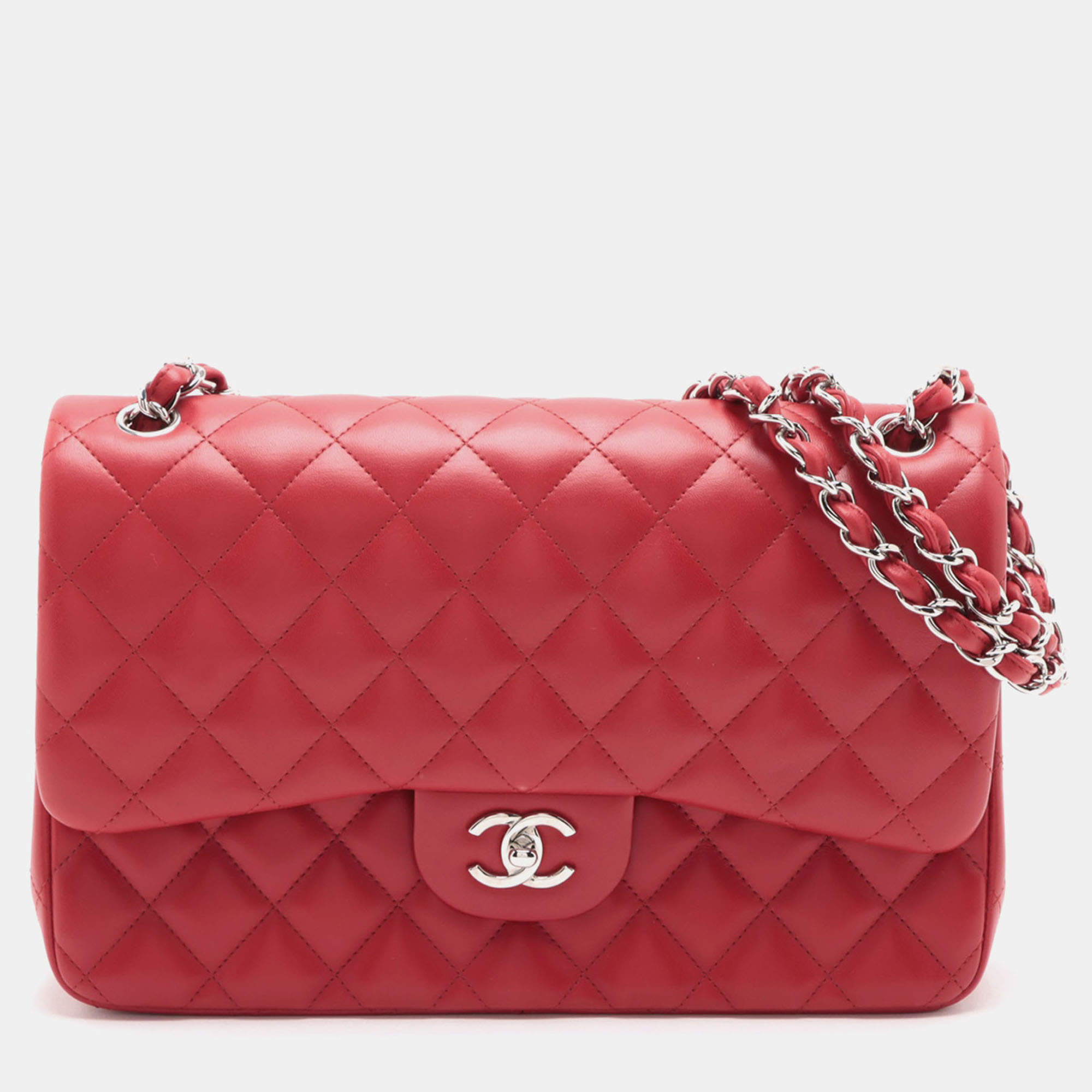 Pre Owned Chanel Red Jumbo Classic Lambskin Double Flap