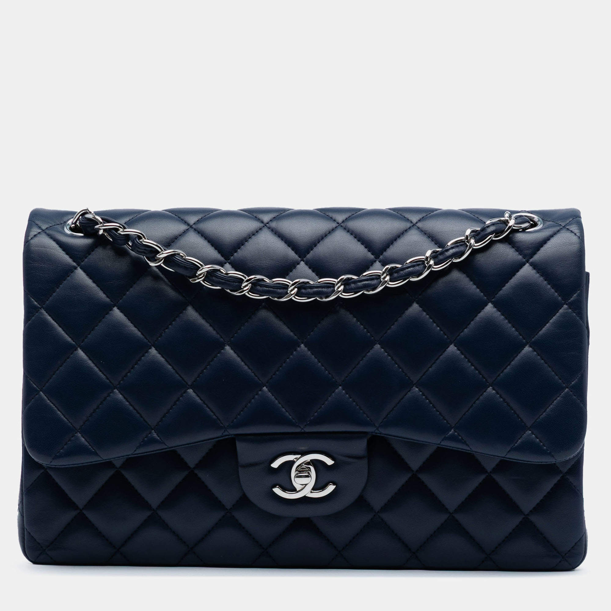 Pre Owned Chanel Navy Blue Jumbo Classic Lambskin Double Flap