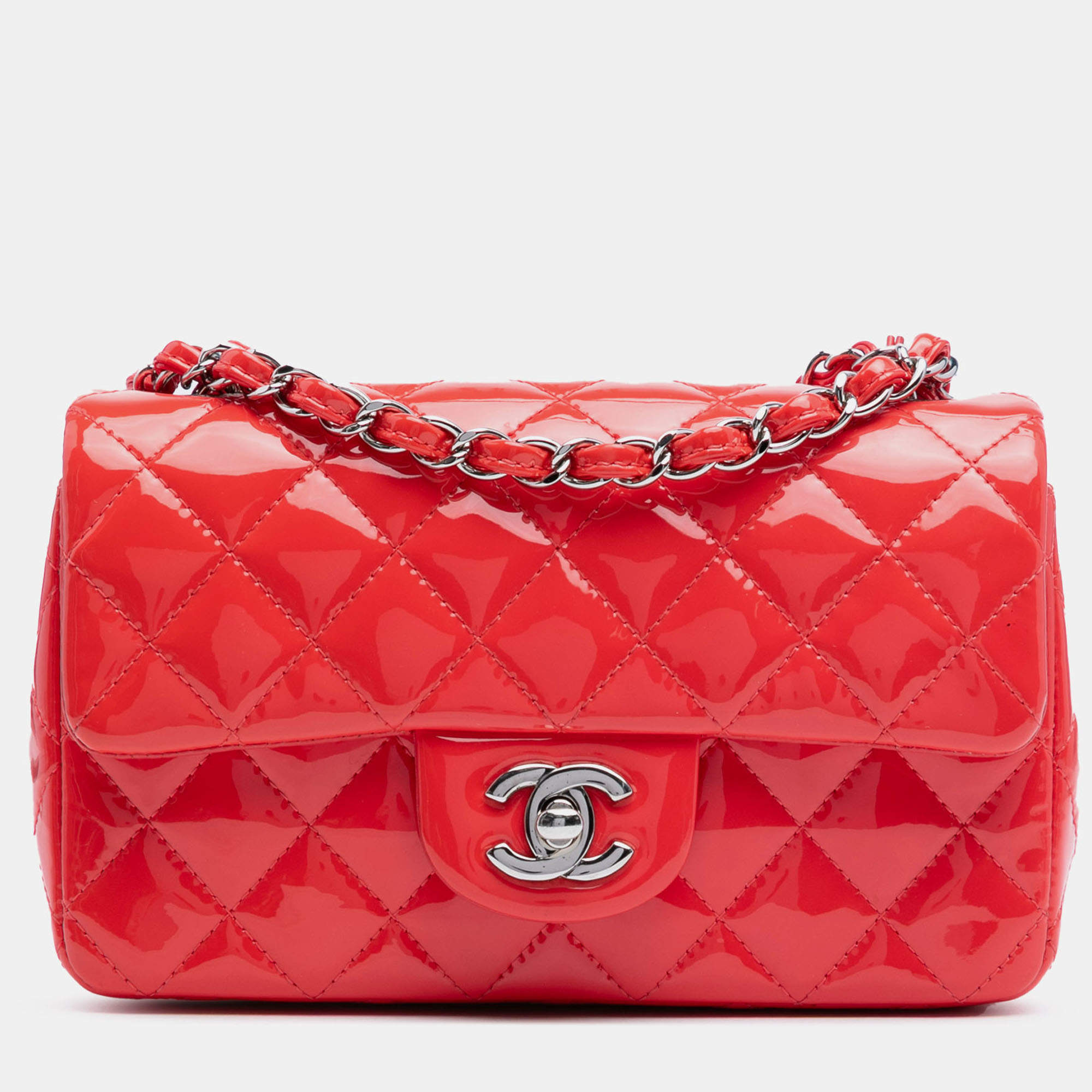 Pre Owned Chanel Red Mini Rectangular Classic Patent Single Flap