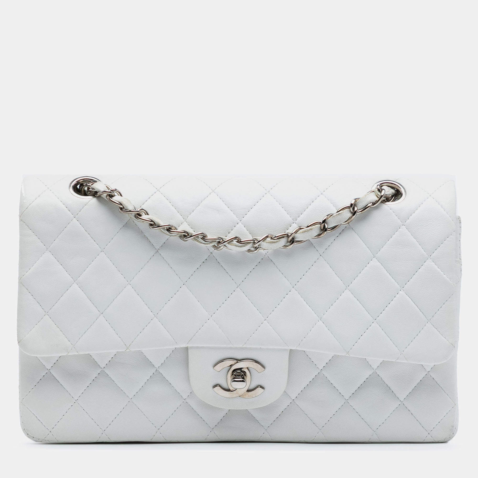 Pre Owned Chanel White Medium Classic Lambskin Double Flap