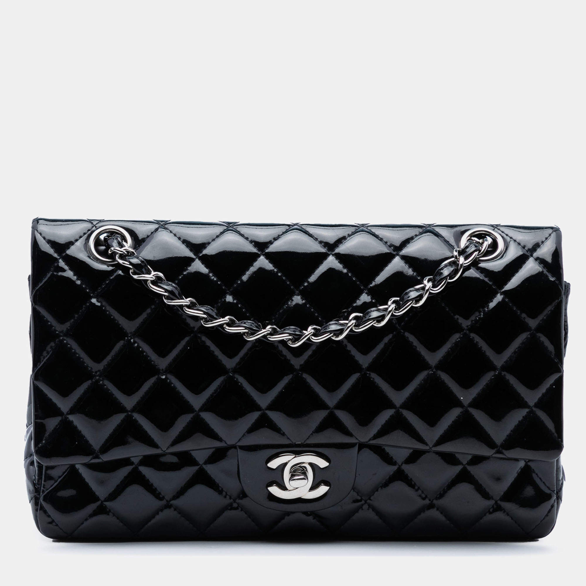Pre Owned Chanel Black Medium Classic Patent Double Flap