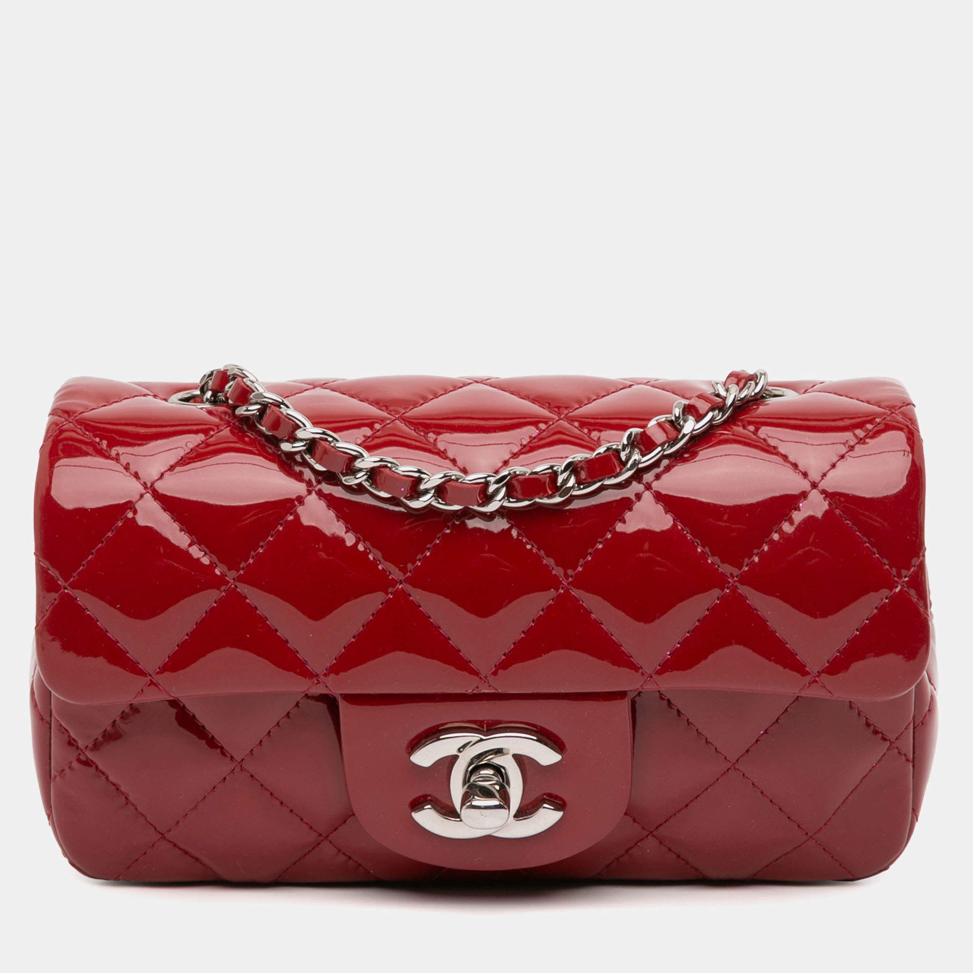 Pre Owned Chanel Red Extra Mini Rectangular Classic Patent Single Flap