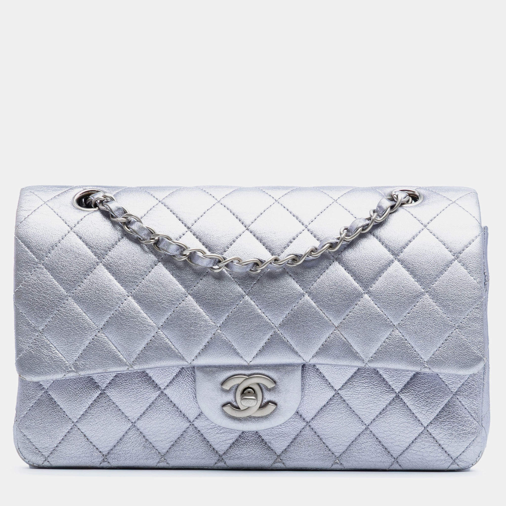Pre Owned Chanel Silver Medium Classic Metallic Calfskin Double Flap