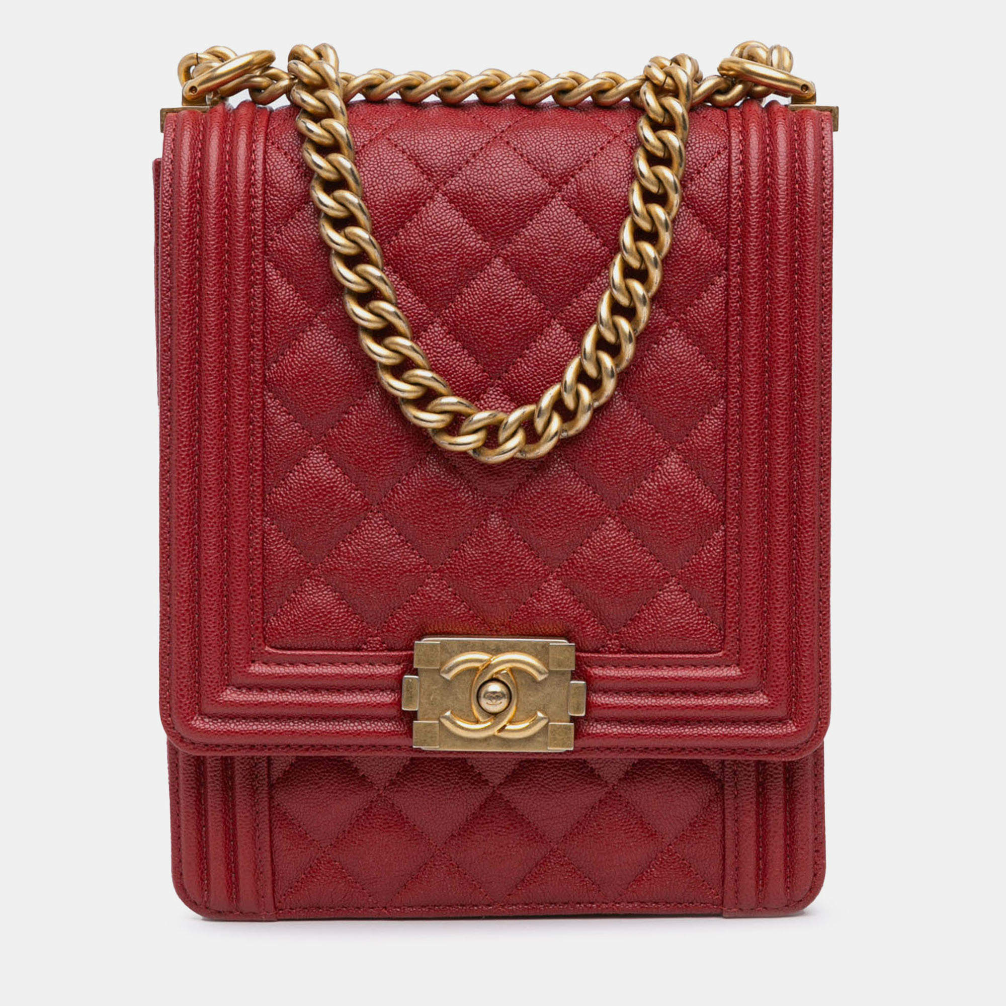 Pre Owned Chanel Red Quilted Caviar North South Boy Flap
