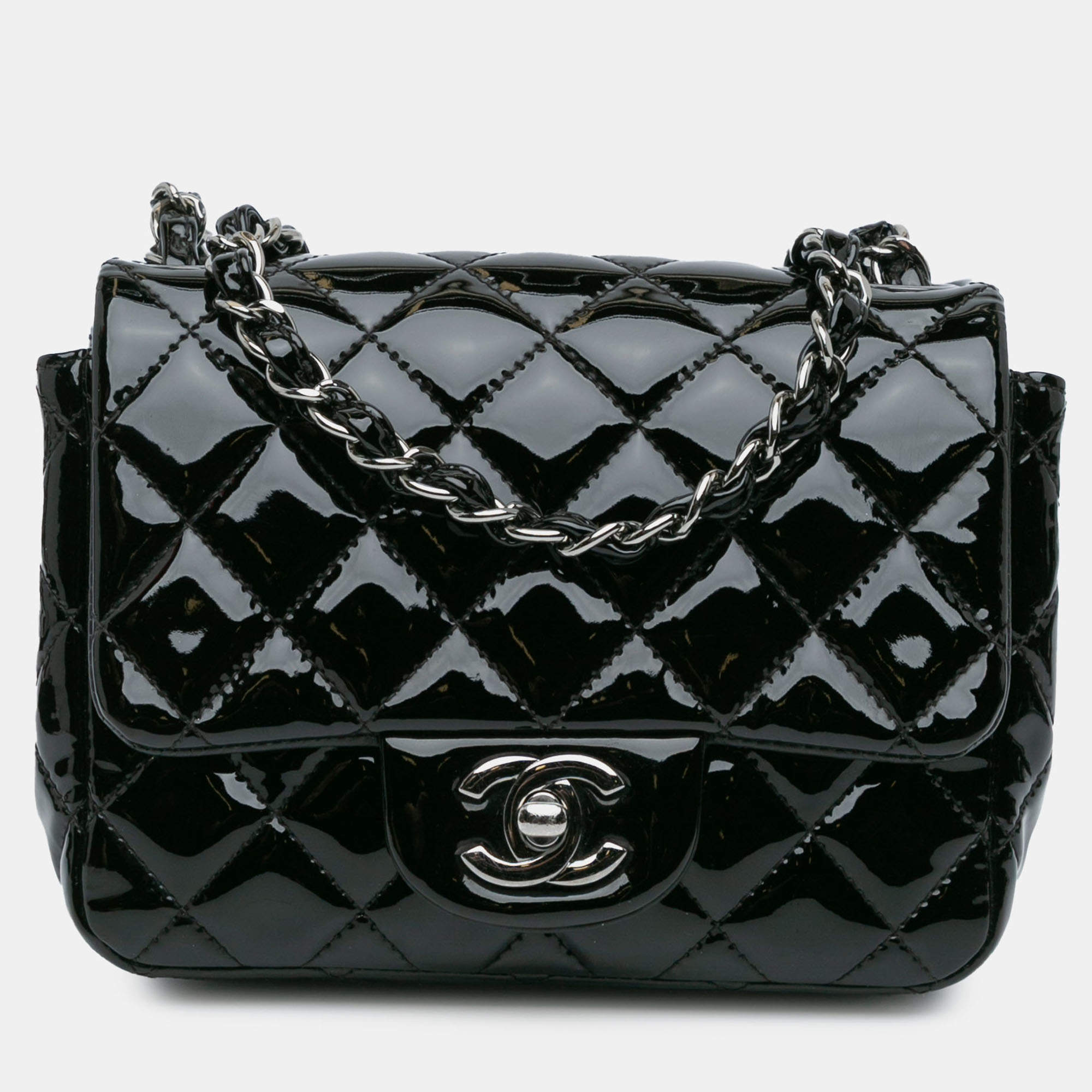 Pre Owned Chanel Black Mini Square Classic Patent Single Flap