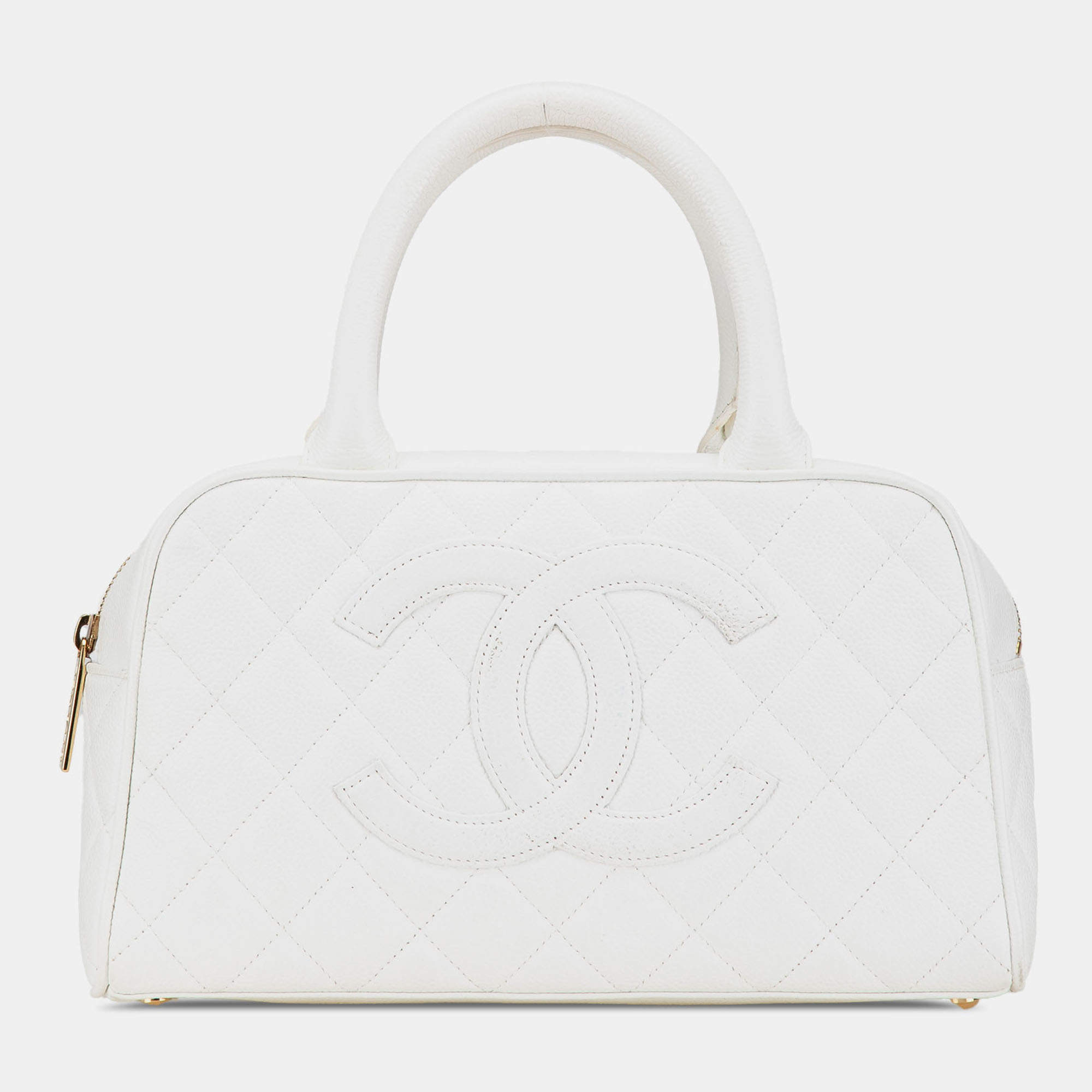 Pre Owned Chanel White CC Quilted Caviar Bowling Bag