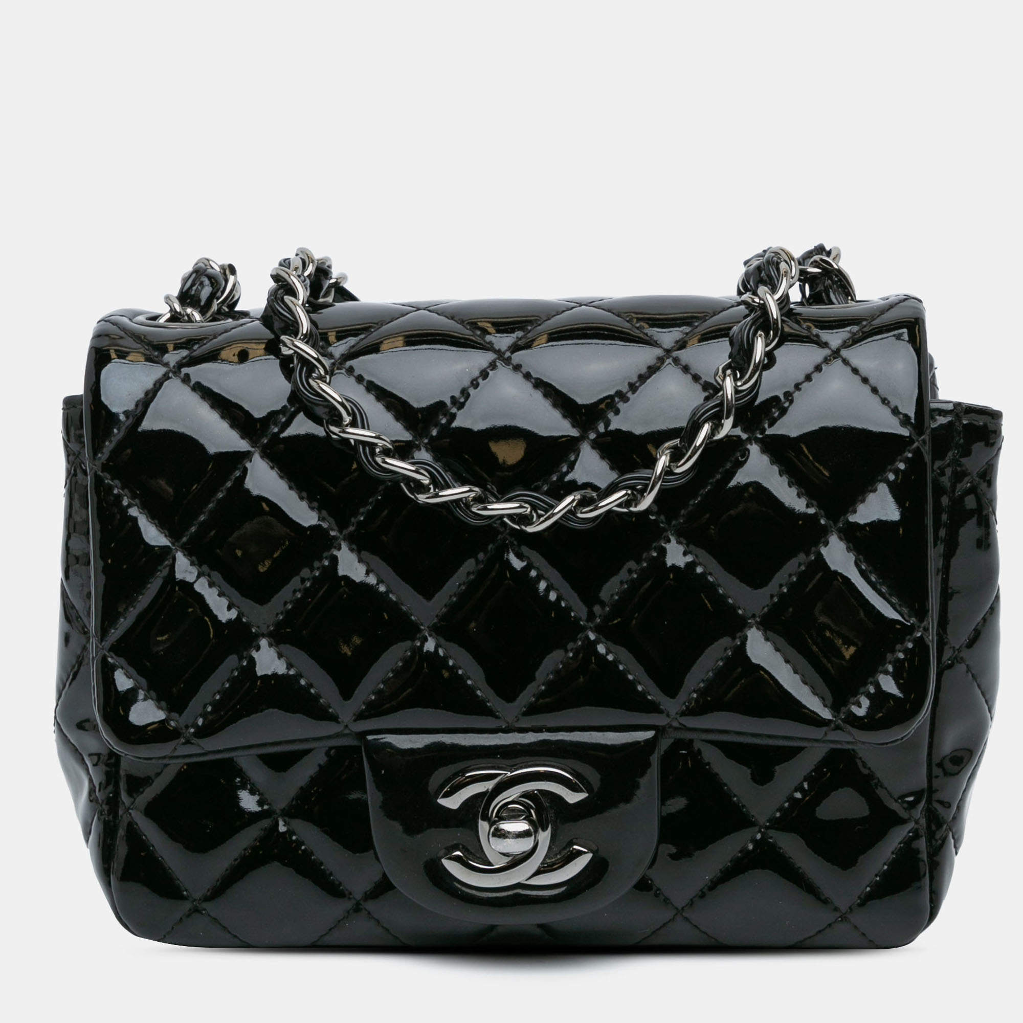 Pre Owned Chanel Black Mini Square Classic Patent Single Flap