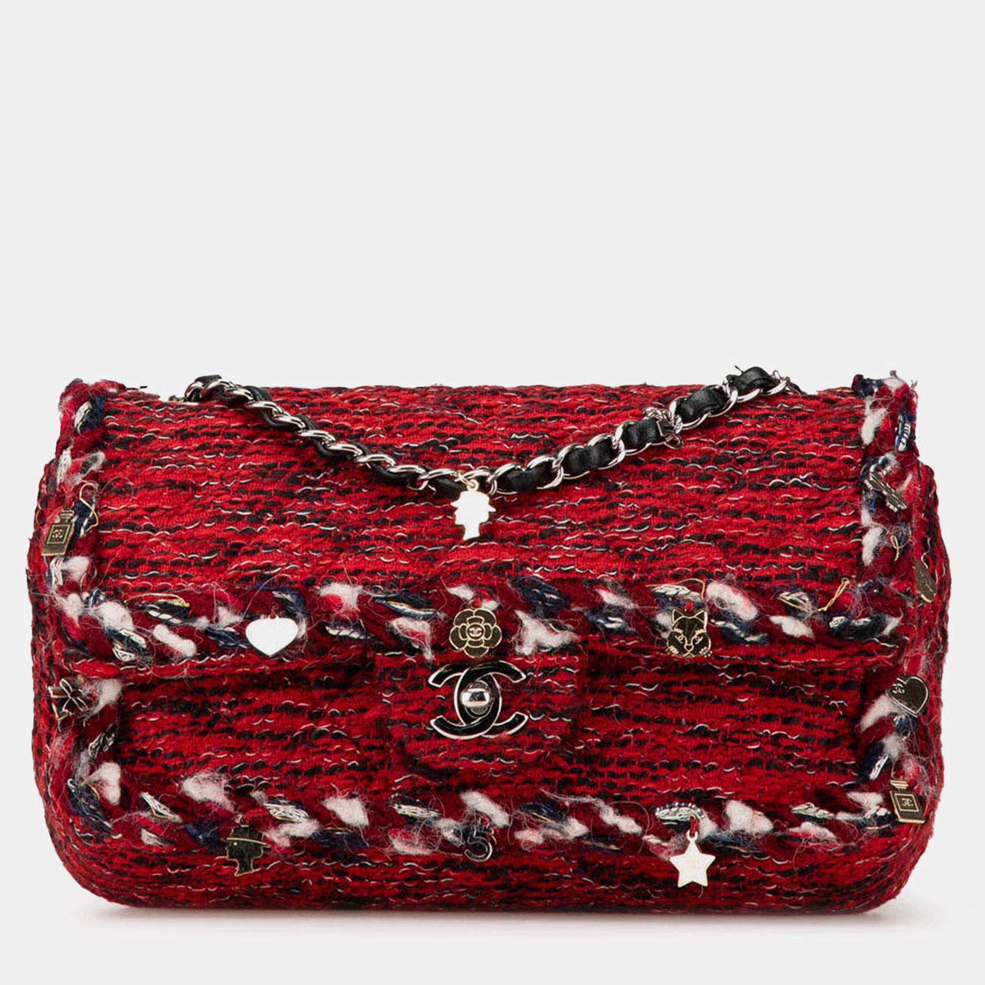 Pre Owned Chanel Red Medium Tweed Braided Charms Double Flap