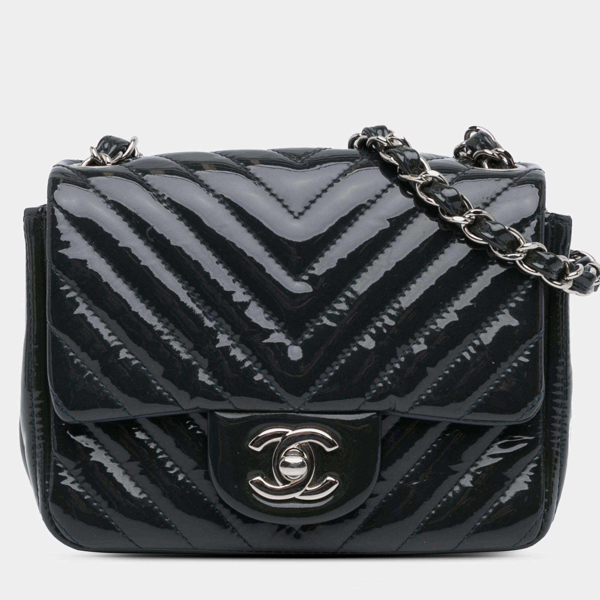 Pre Owned Chanel Navy Blue Mini Square Classic Chevron Patent Single Flap