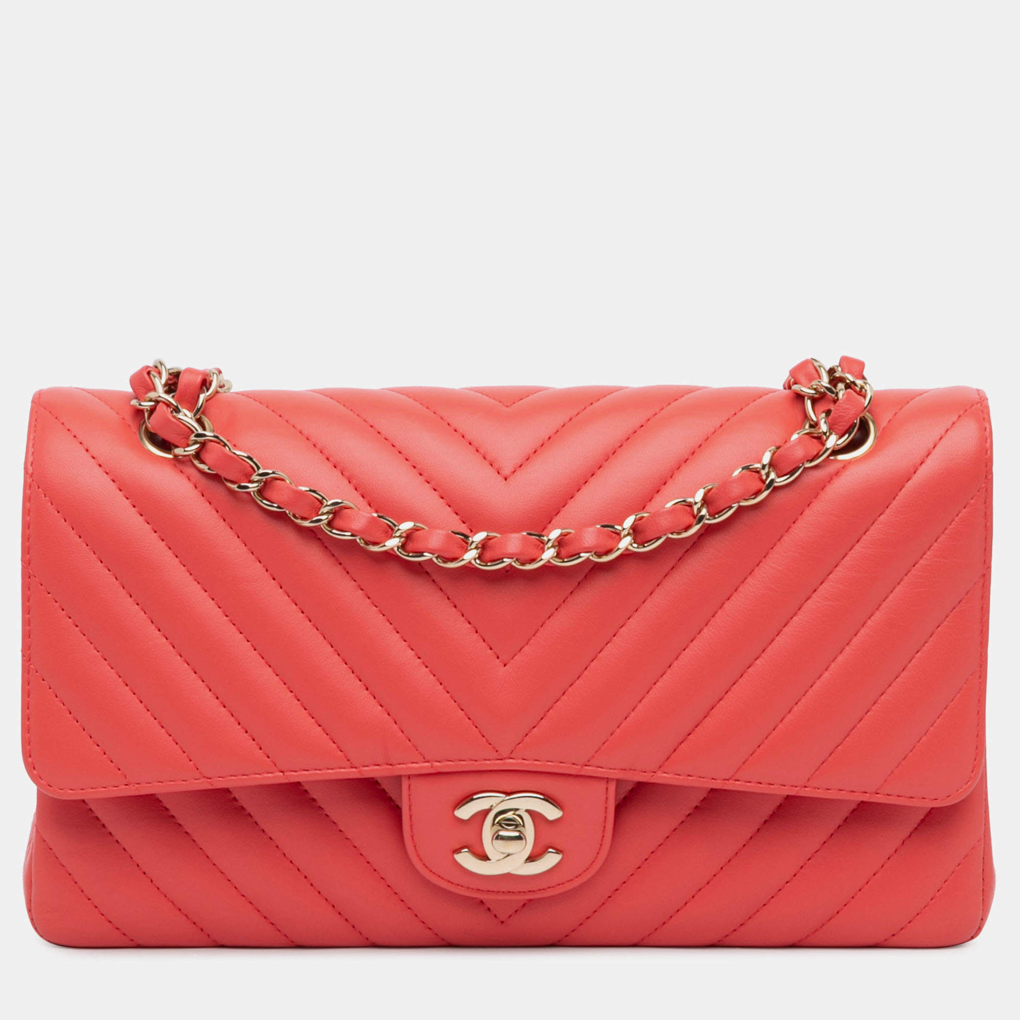 Pre Owned Chanel Red Medium Classic Chevron Lambskin Double Flap
