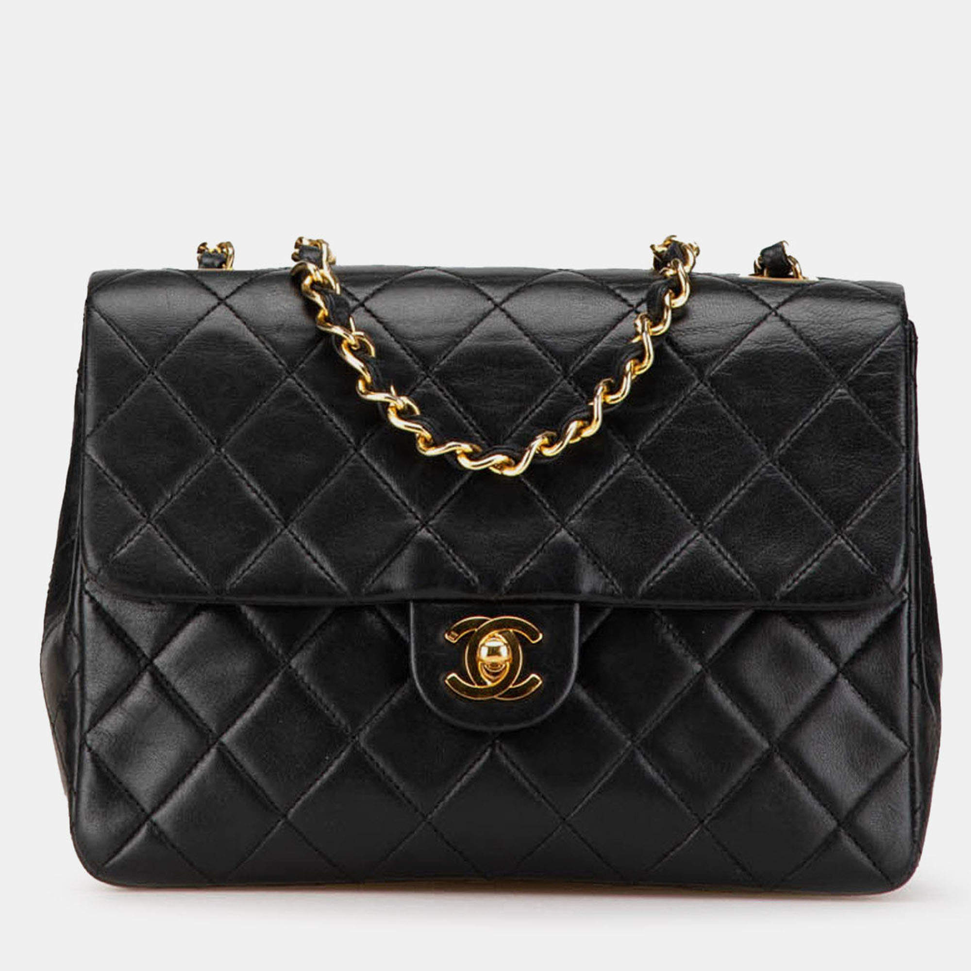 Pre Owned Chanel Black Small Square Quilted Lambskin Flap