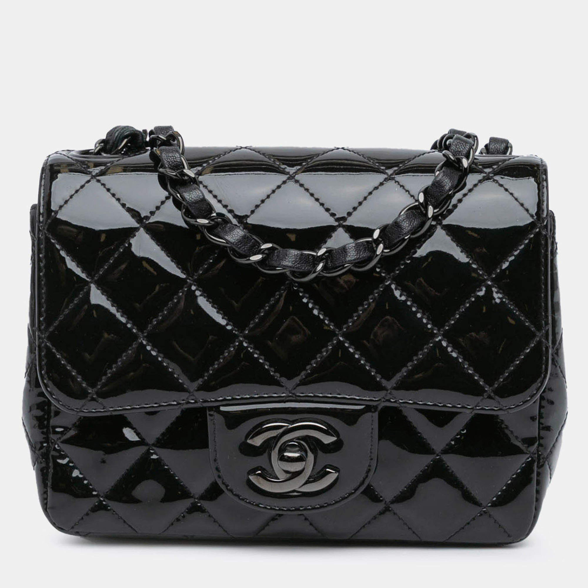 Pre Owned Chanel Black Mini Square Classic Patent So Black Single Flap