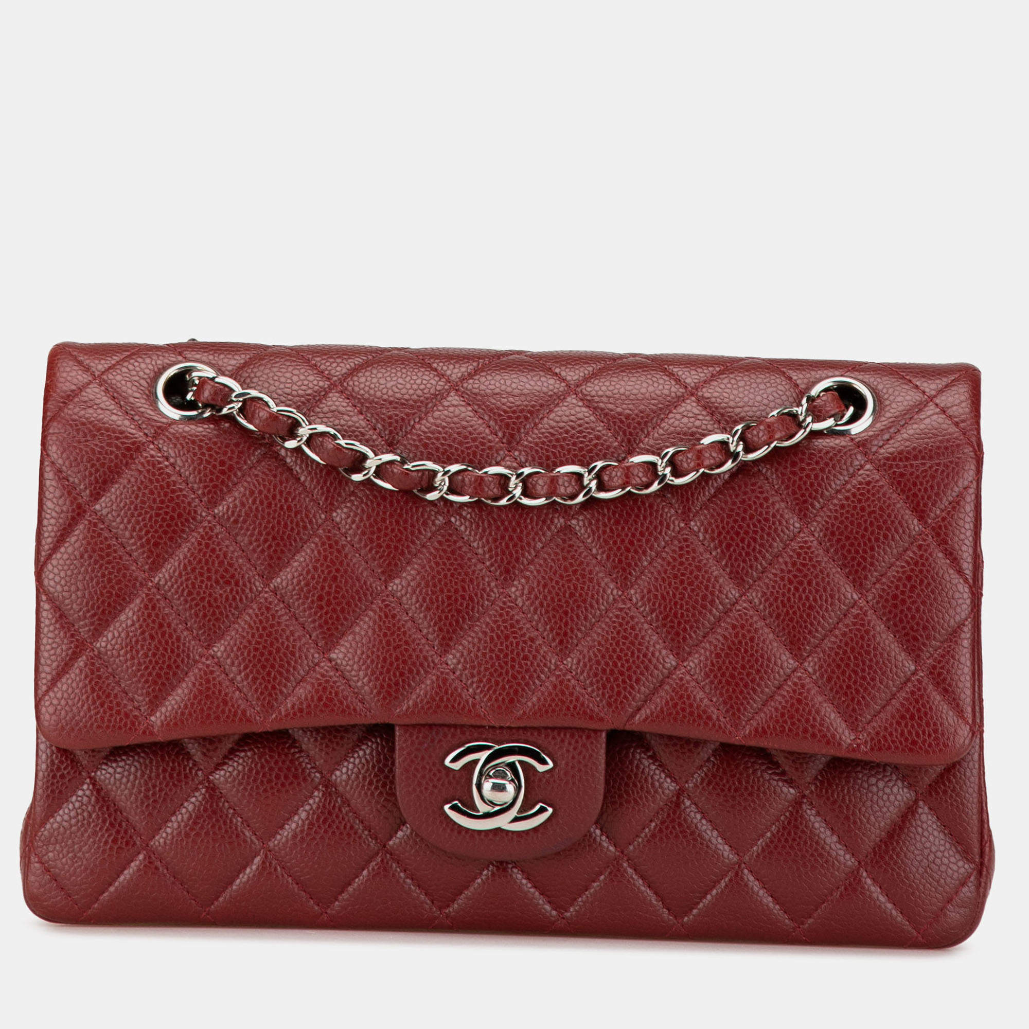 Pre Owned Chanel Red Medium Classic Caviar Double Flap