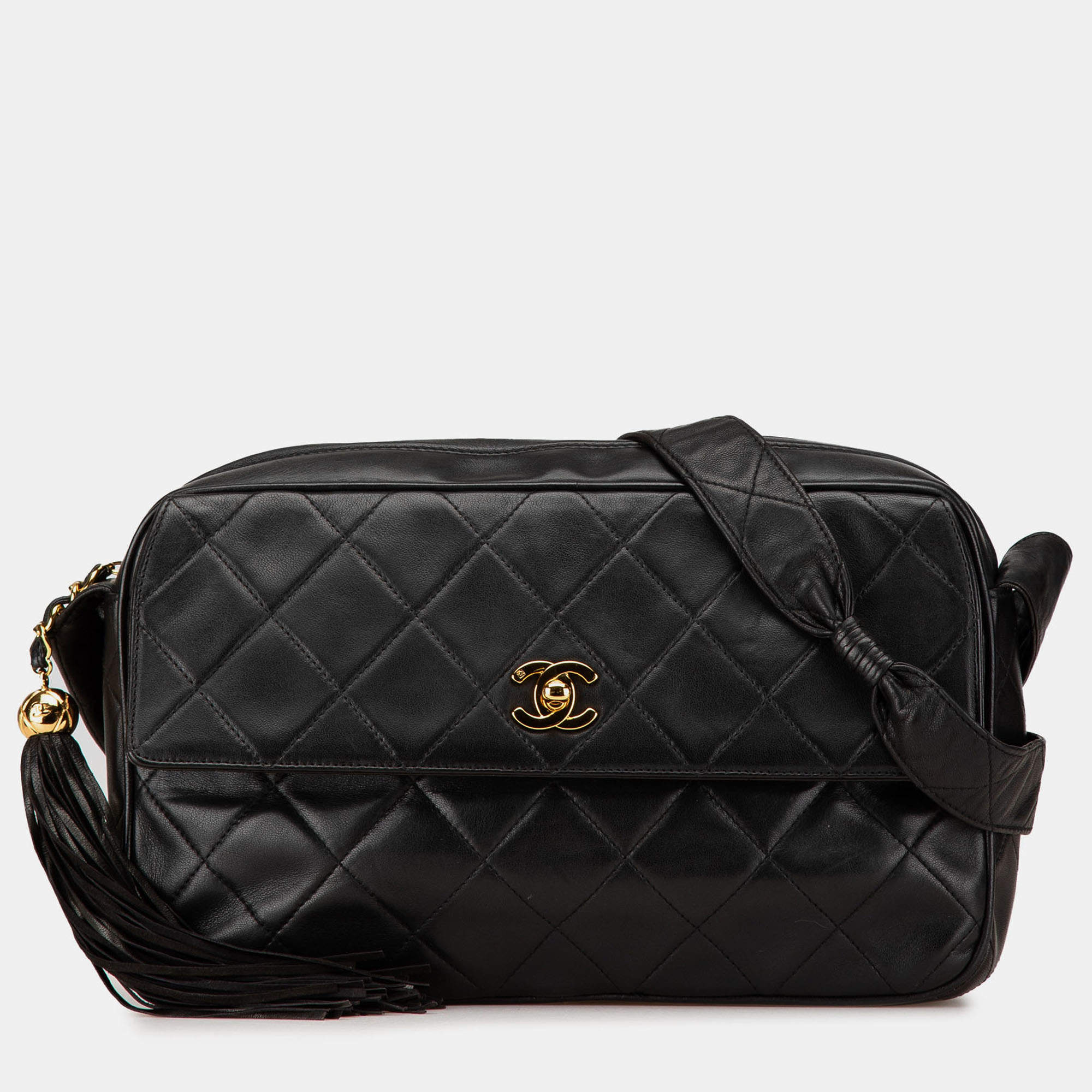 Pre Owned Chanel Black CC Quilted Lambskin Tassel Crossbody