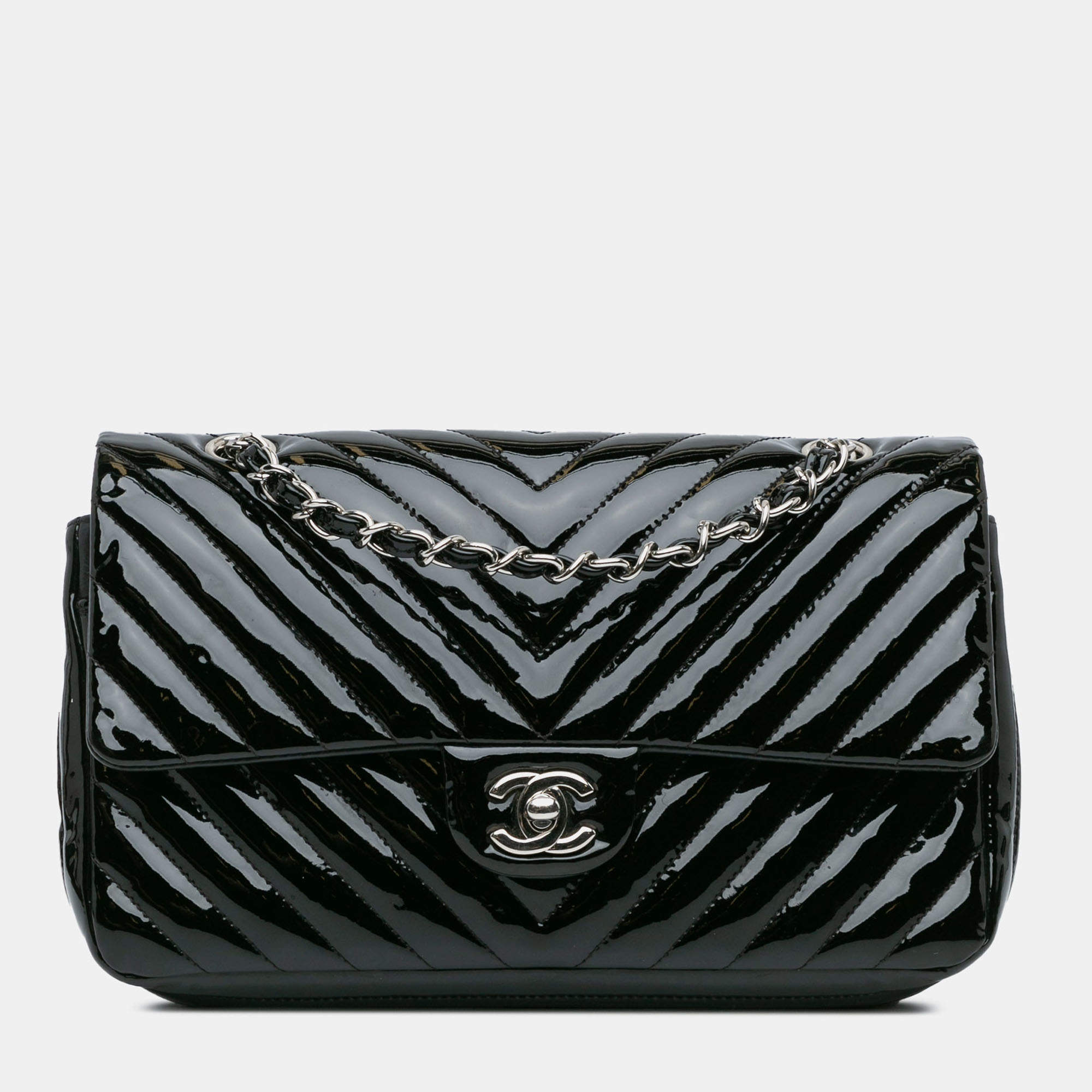 Pre Owned Chanel Black Medium Classic Chevron Patent Double Flap