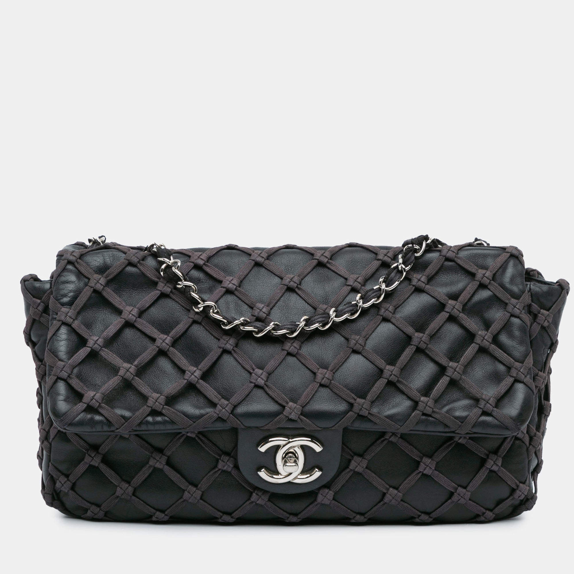 Pre Owned Chanel Black Jumbo Calfskin Canebiers Net Flap