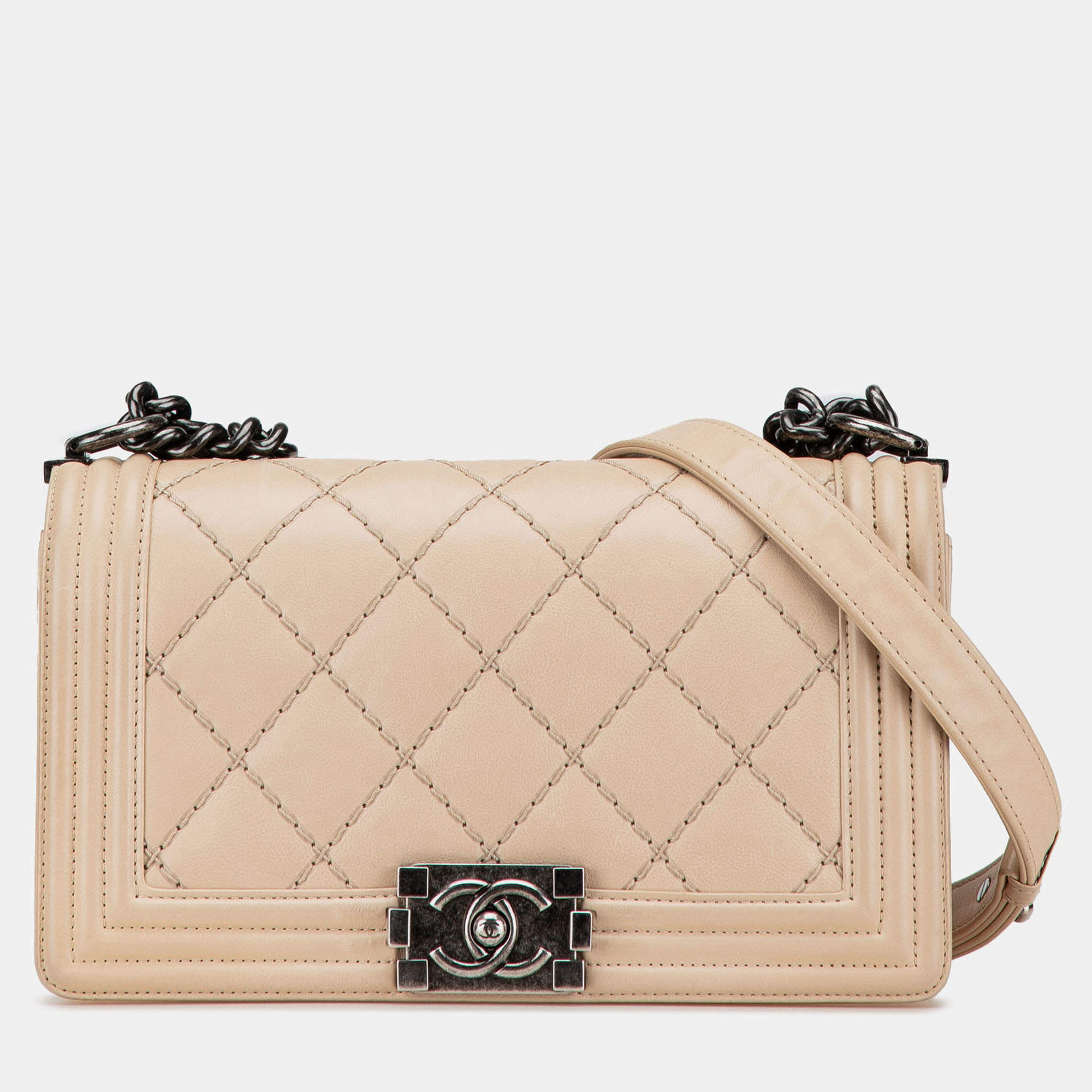 Pre Owned Chanel Beige Old Medium Aged Calfskin Double Stitch Boy Flap