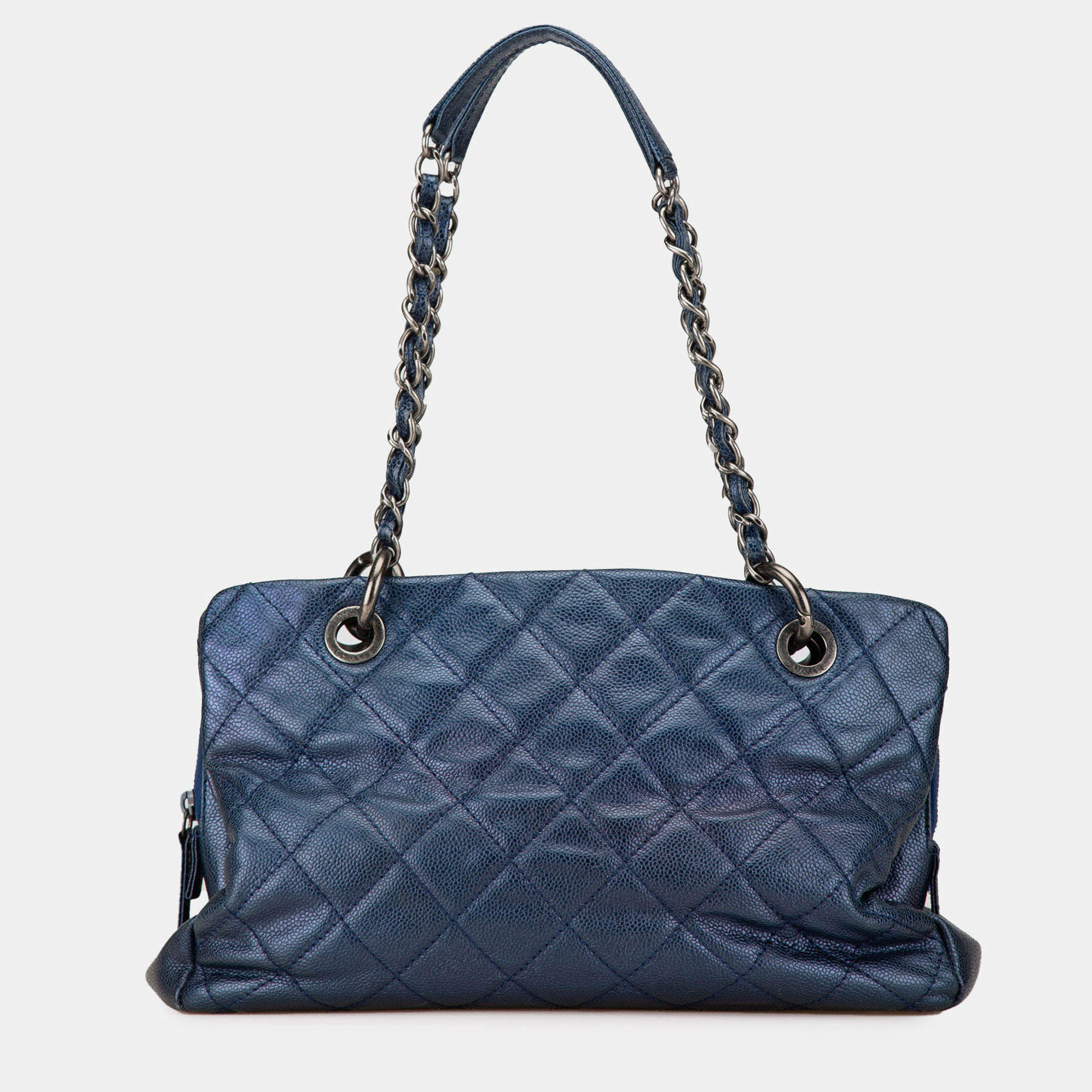 Pre Owned Chanel Blue Quilted Iridescent Caviar Chic Shopping Tote