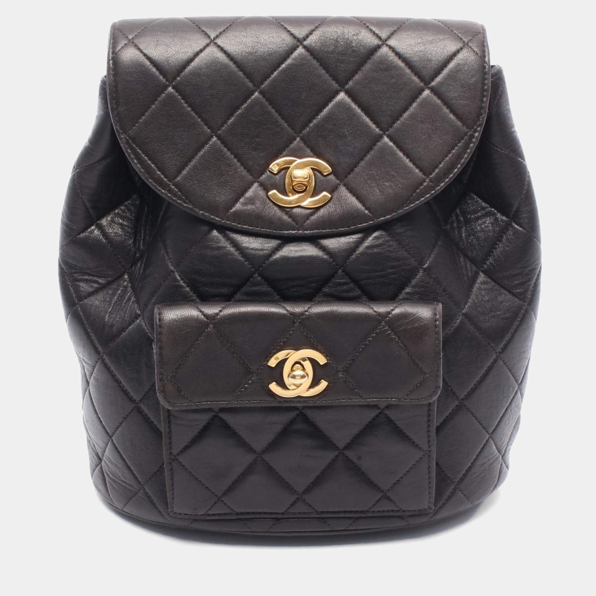 Pre Owned Chanel Matelasse Backpack Bag In Lambskin Leather  Black