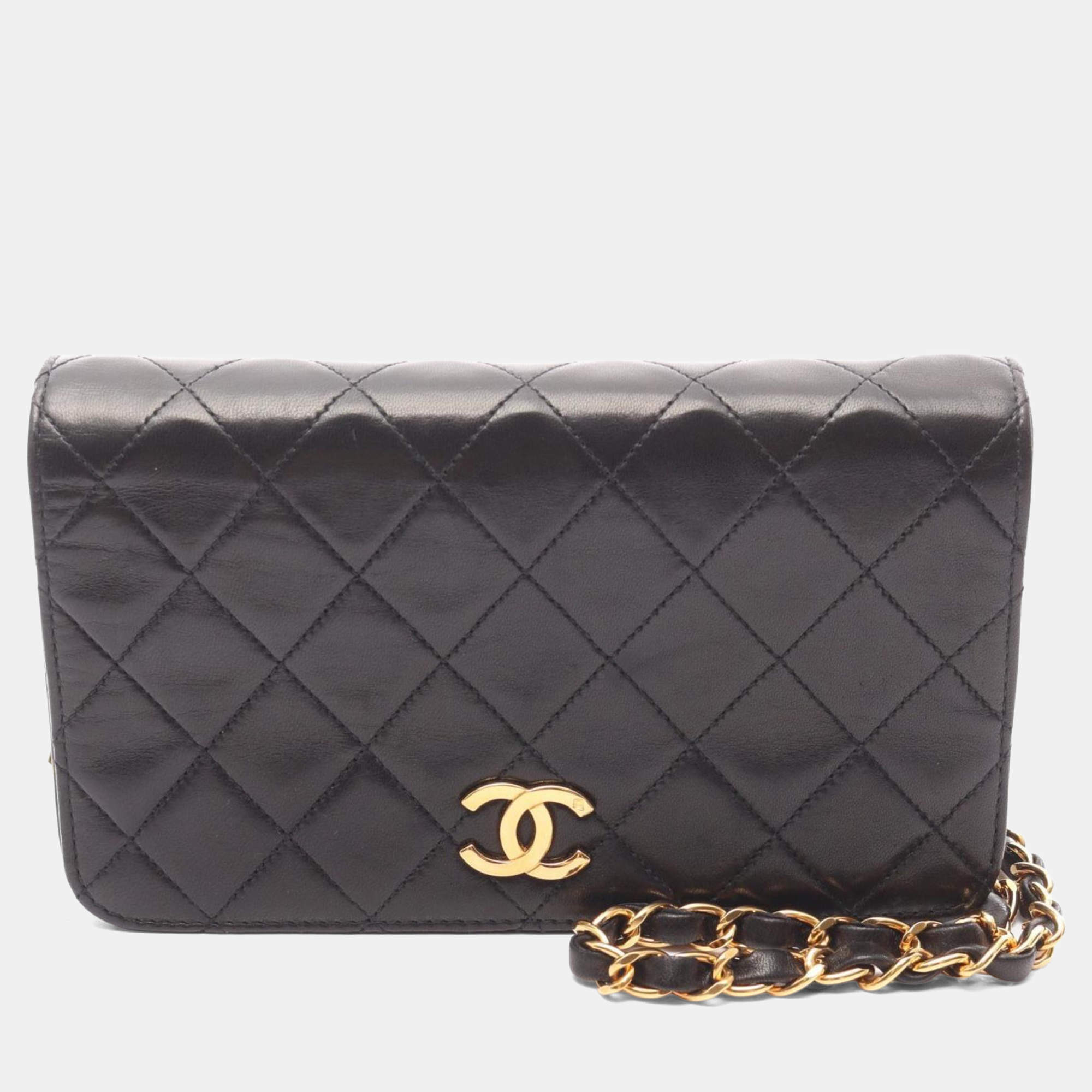 Pre Owned Chanel Mini Matelasse Full Flap Shoulder Bag In Lambskin Leather  Black
