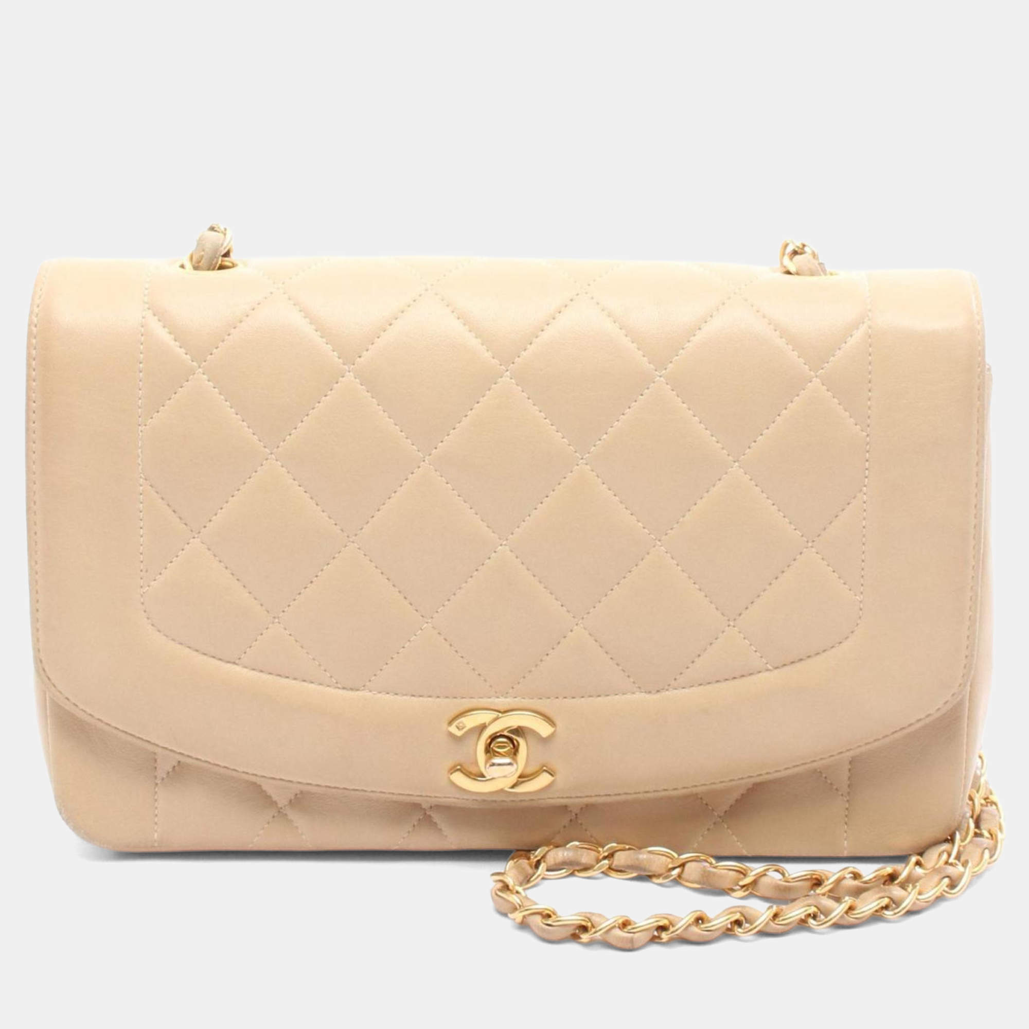 Pre Owned Chanel Matelasse Diana Beige Lambskin Leather Flap Shoulder Bag