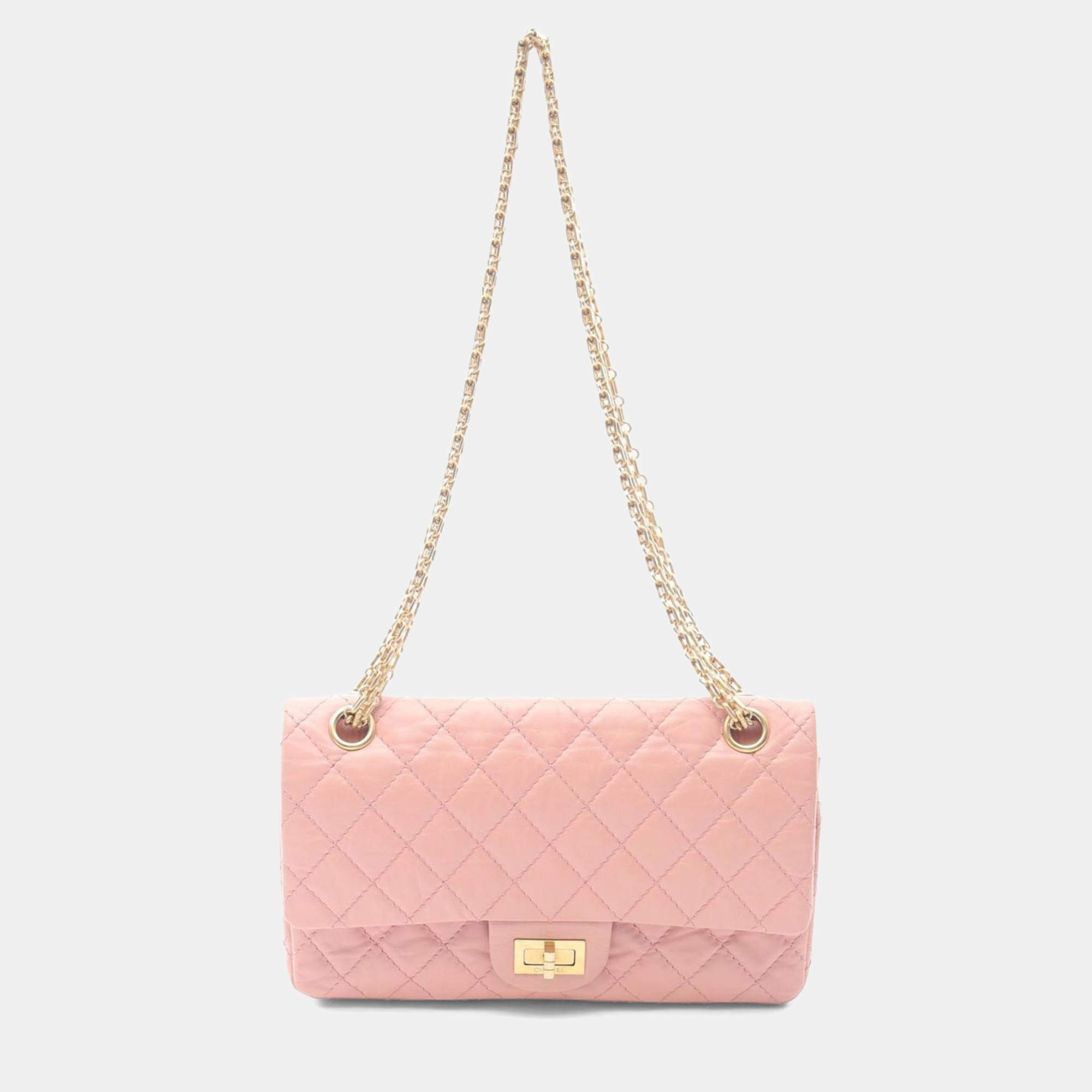 Pre Owned Chanel 2.55 Matelasse Double Flap Shoulder Bag Leather Pink