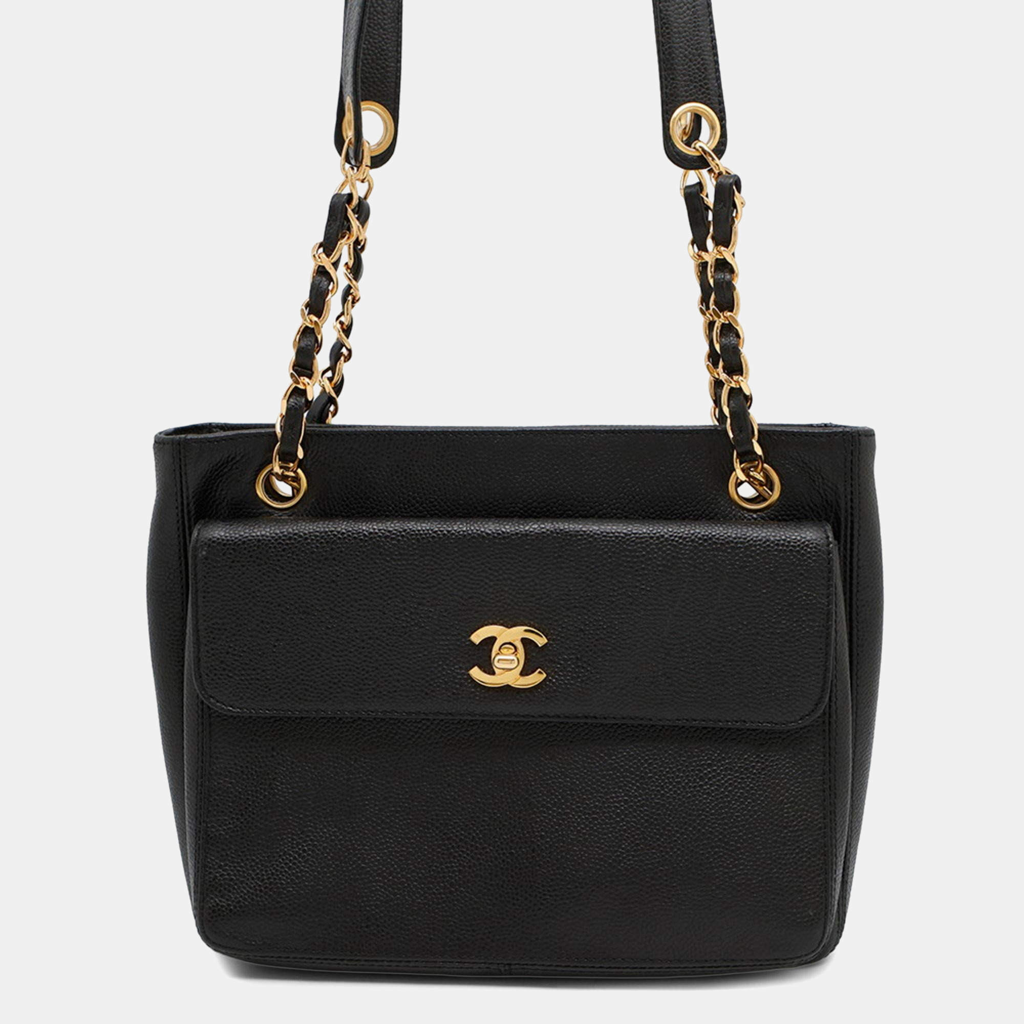 Pre Owned Chanel Chain Tote Bag With Coco Mark And Caviar Skin  Black