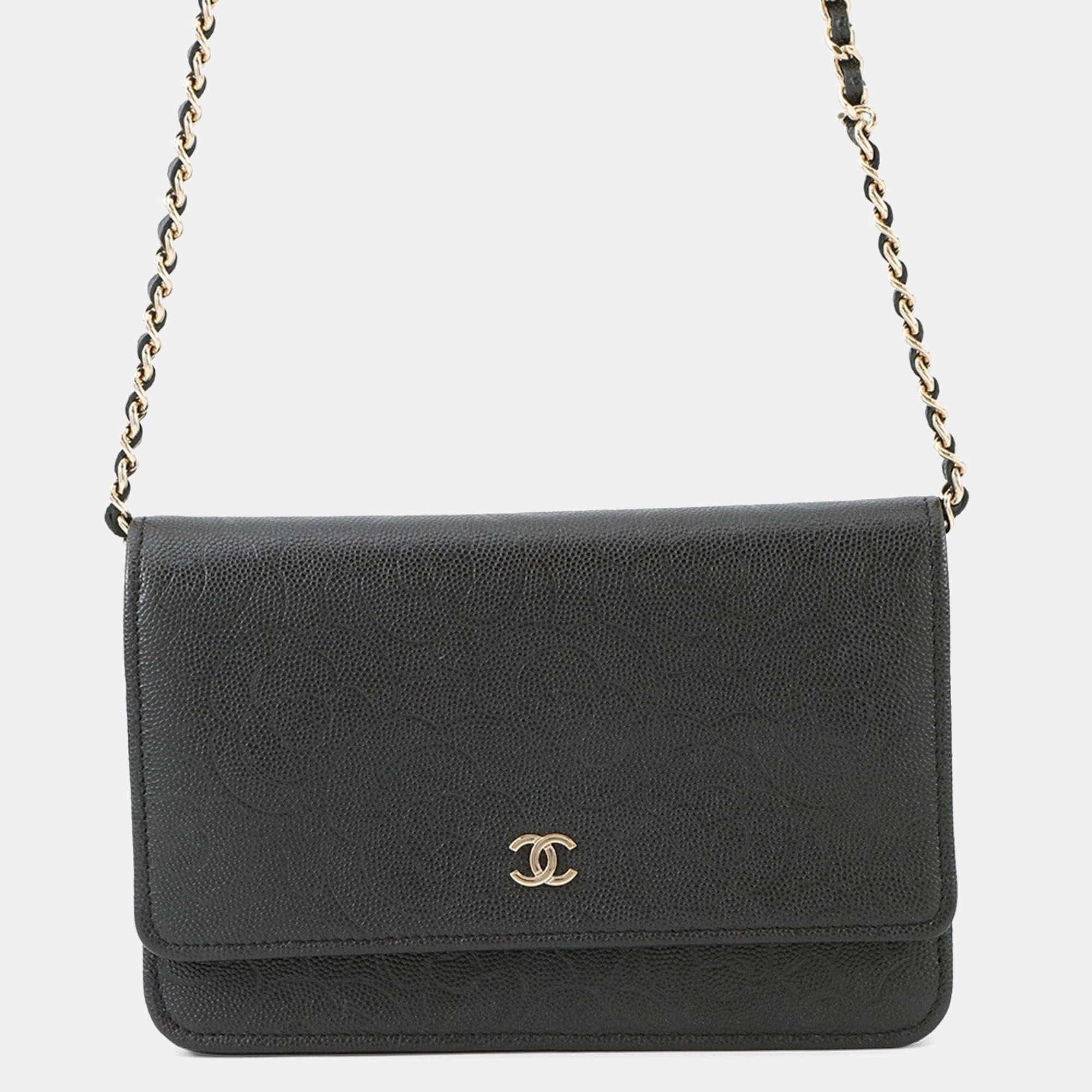 Pre Owned Chanel Chain Wallet Camellia Coco Mark Caviar Skin Black
