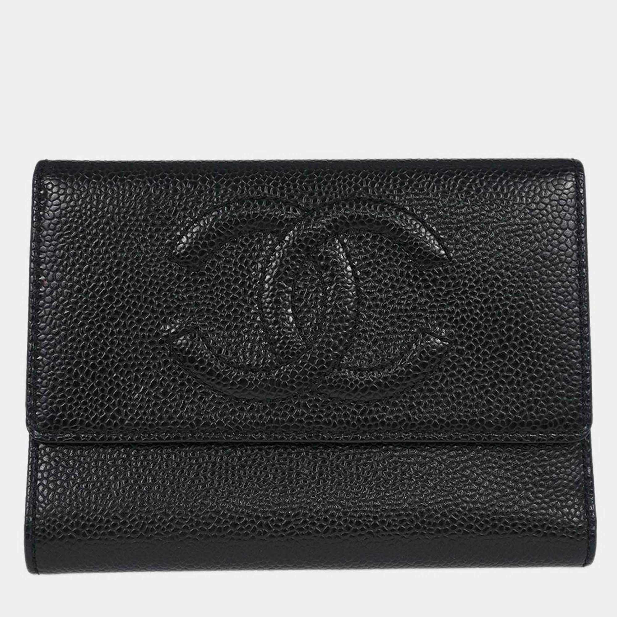 Pre Owned Chanel Black Calfskin Trifold Wallet