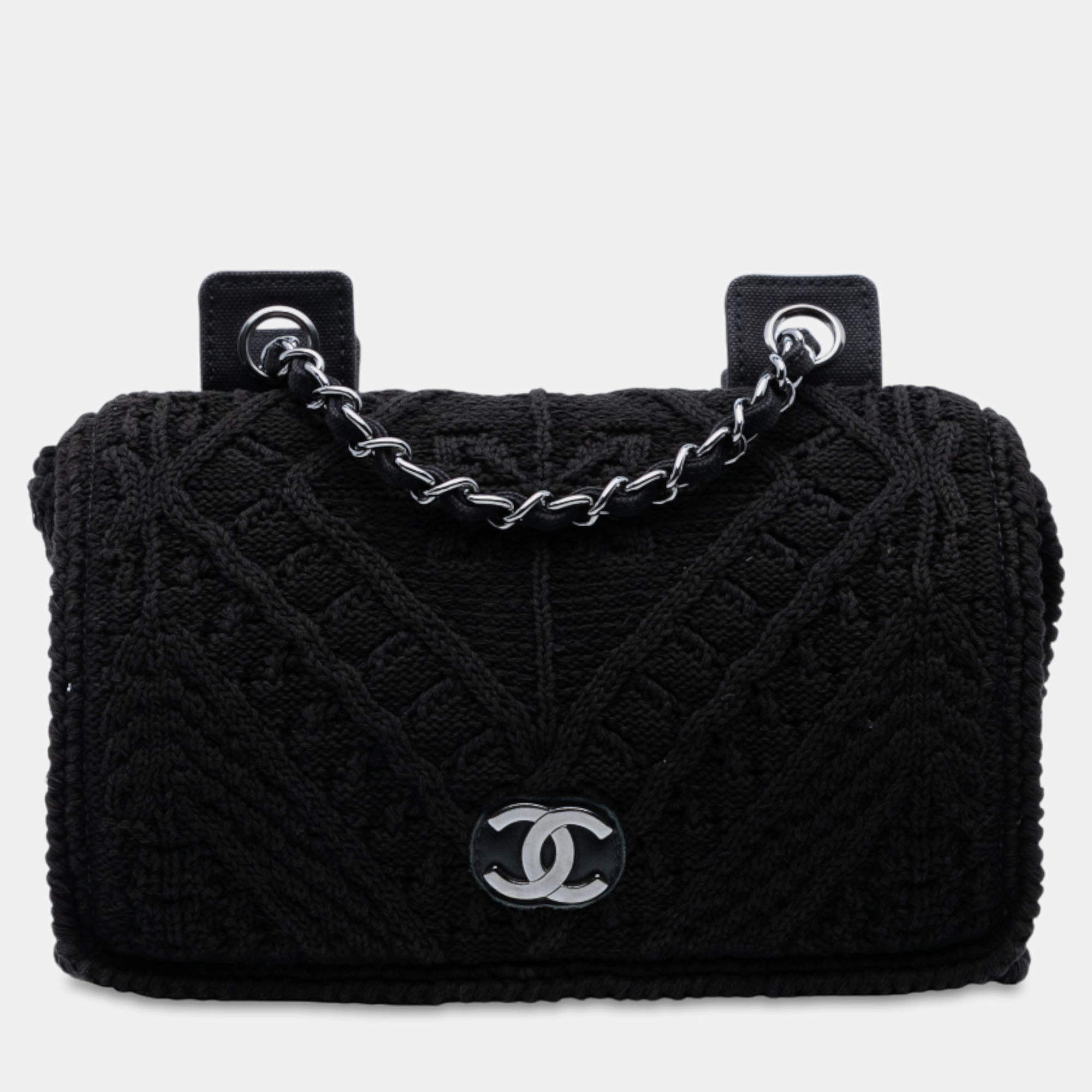 Pre Owned Chanel Black CC  Medium Woven Crochet Knit Single Flap