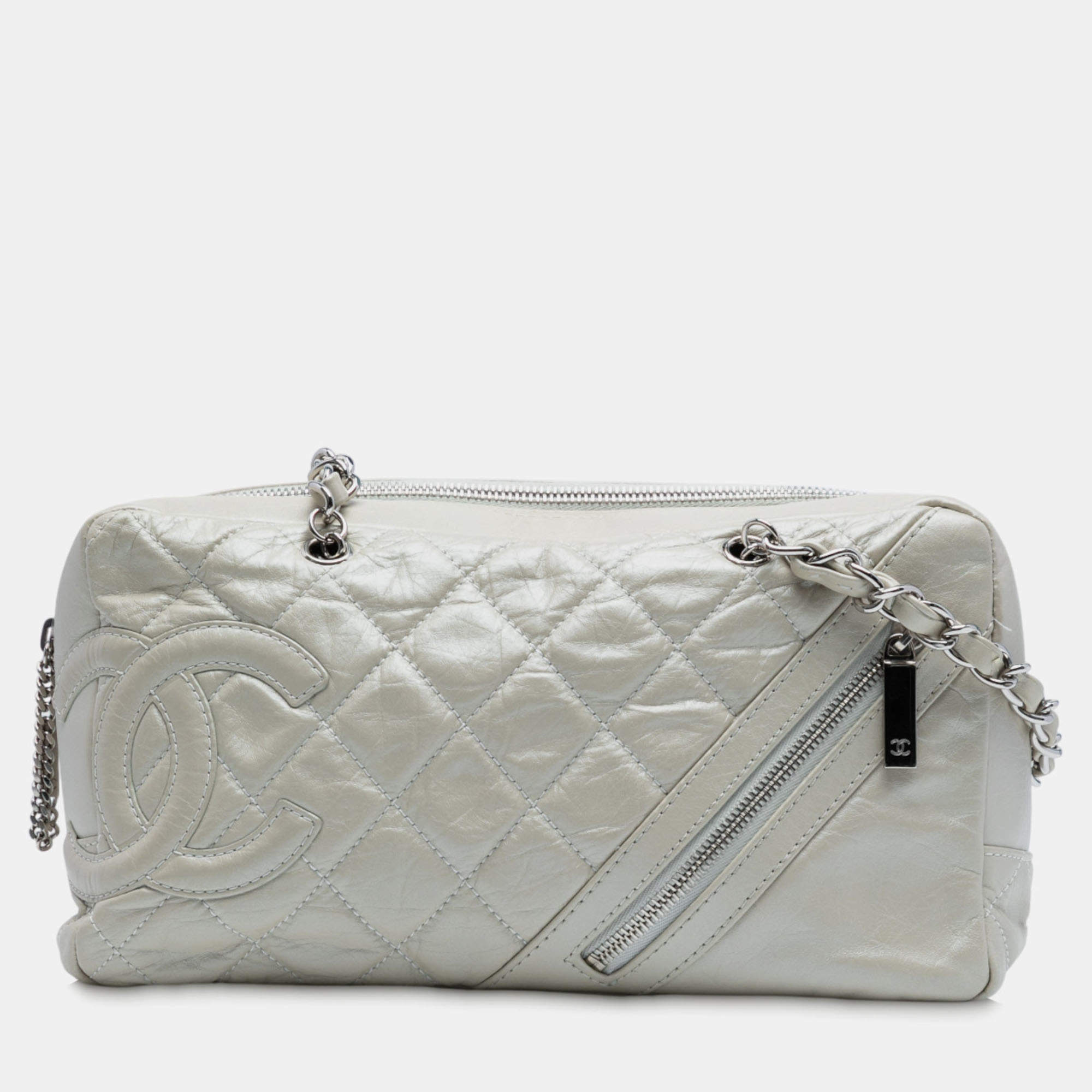 Pre Owned Chanel White Quilted Aged Calfskin Cotton Club Bowler Bag
