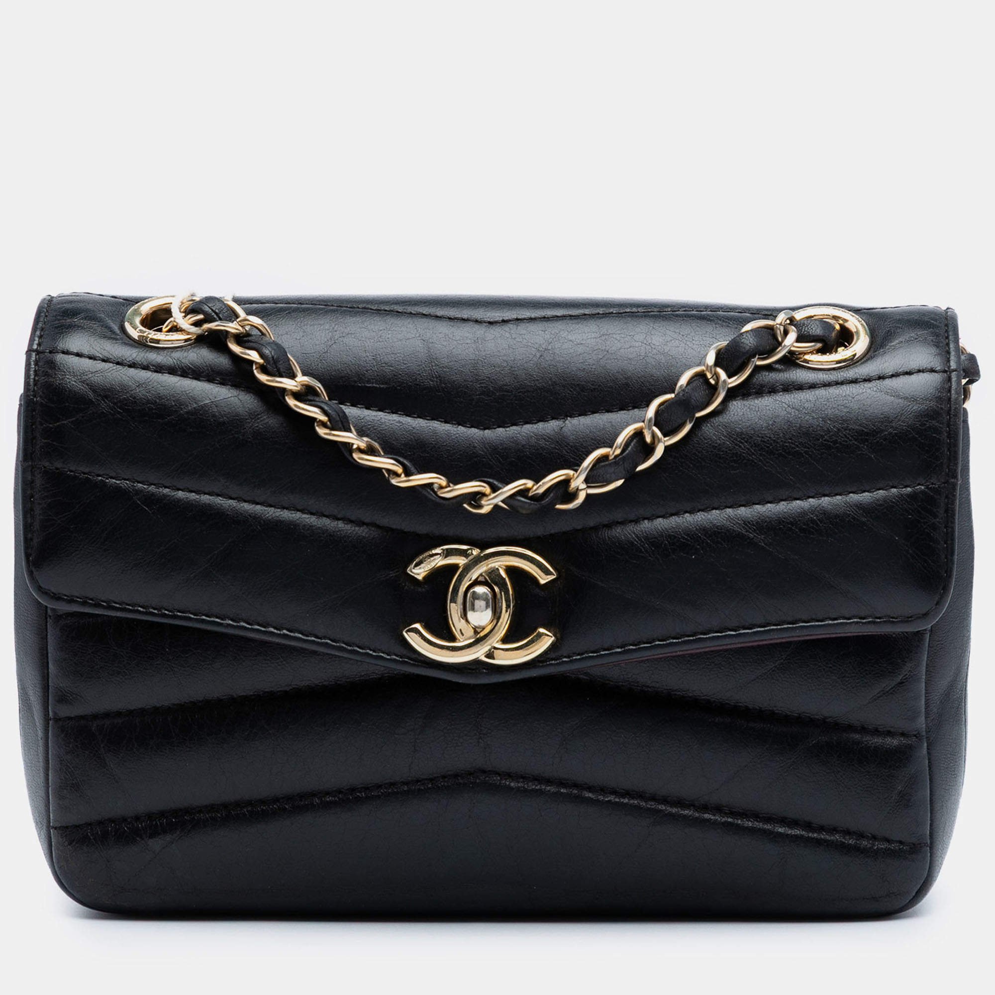 Pre Owned Chanel Black Small Chevron Shiny Lambskin Miroir Flap Bag