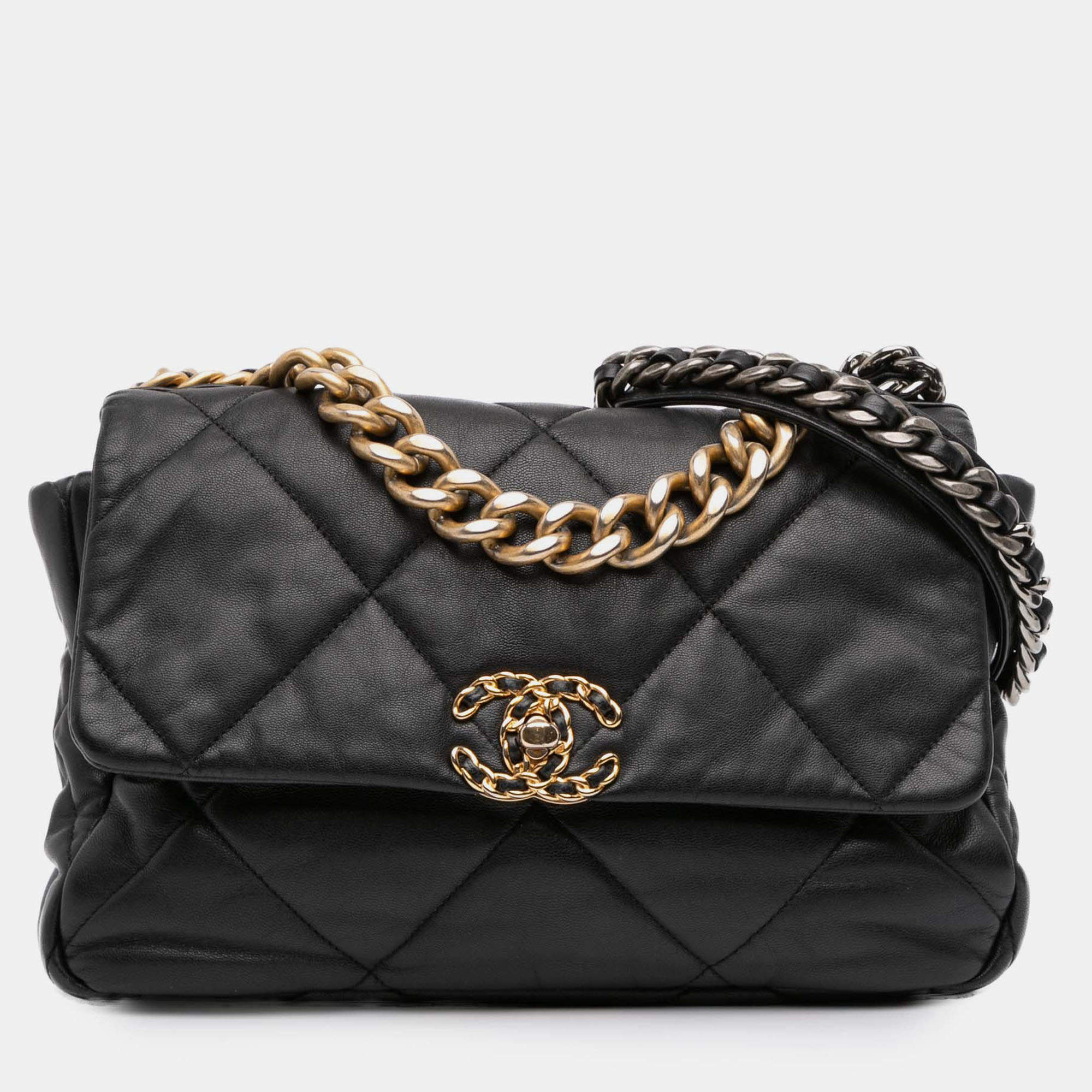 Pre Owned Chanel Black Large Lambskin 19 Flap