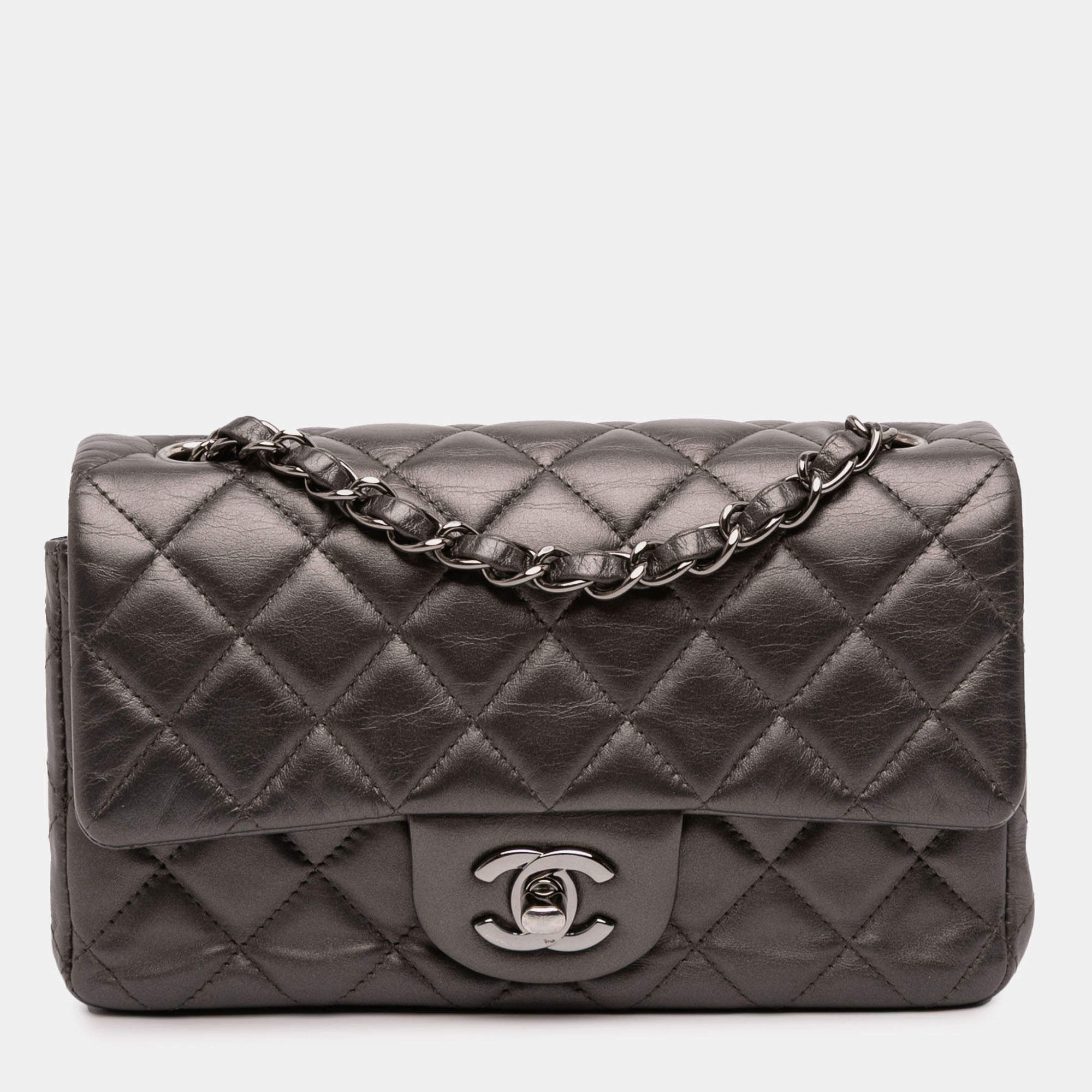 Pre Owned Chanel Grey Mini Rectangular Classic Metallic Lambskin Single Flap