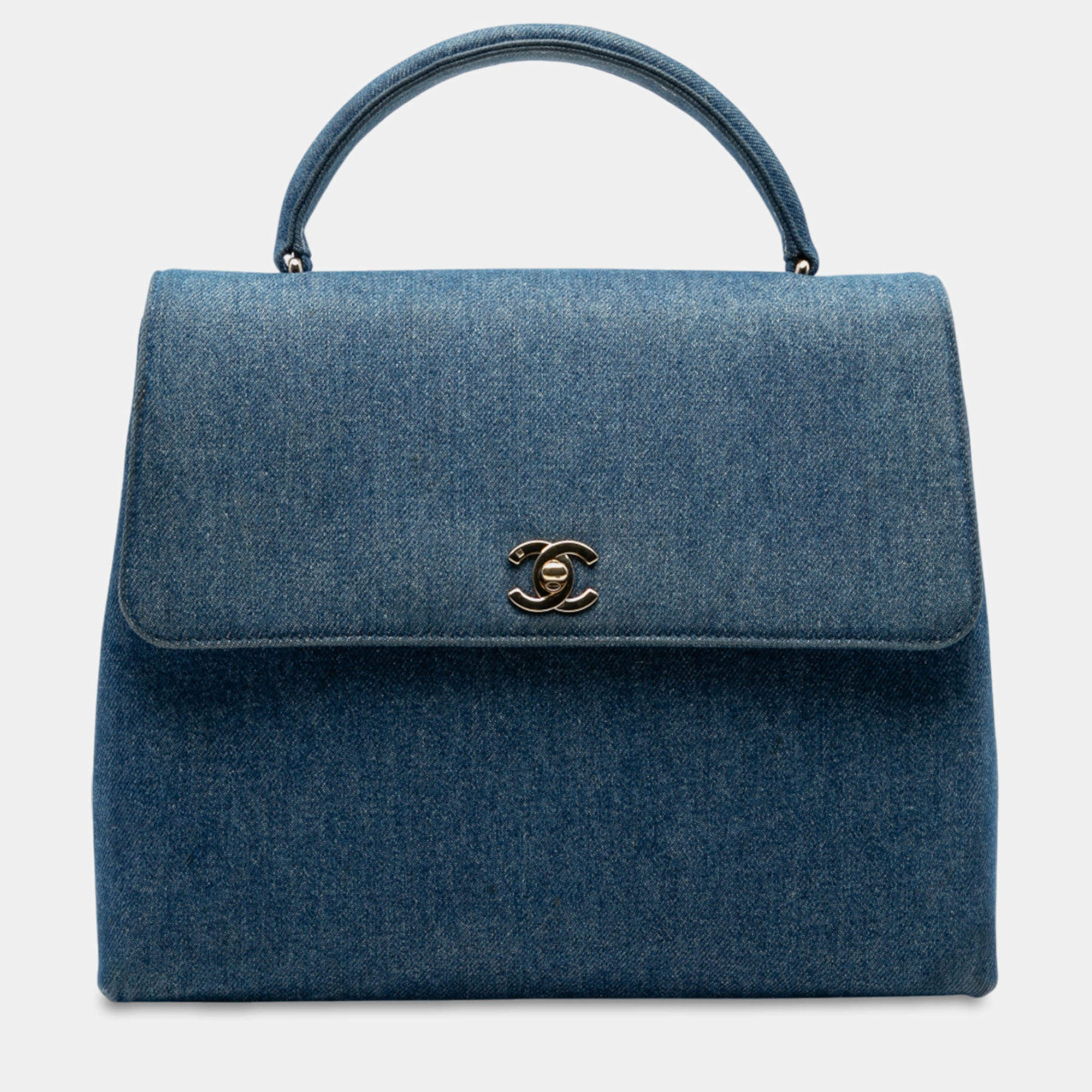 Pre Owned Chanel Blue CC Denim Kelly Top Handle Bag
