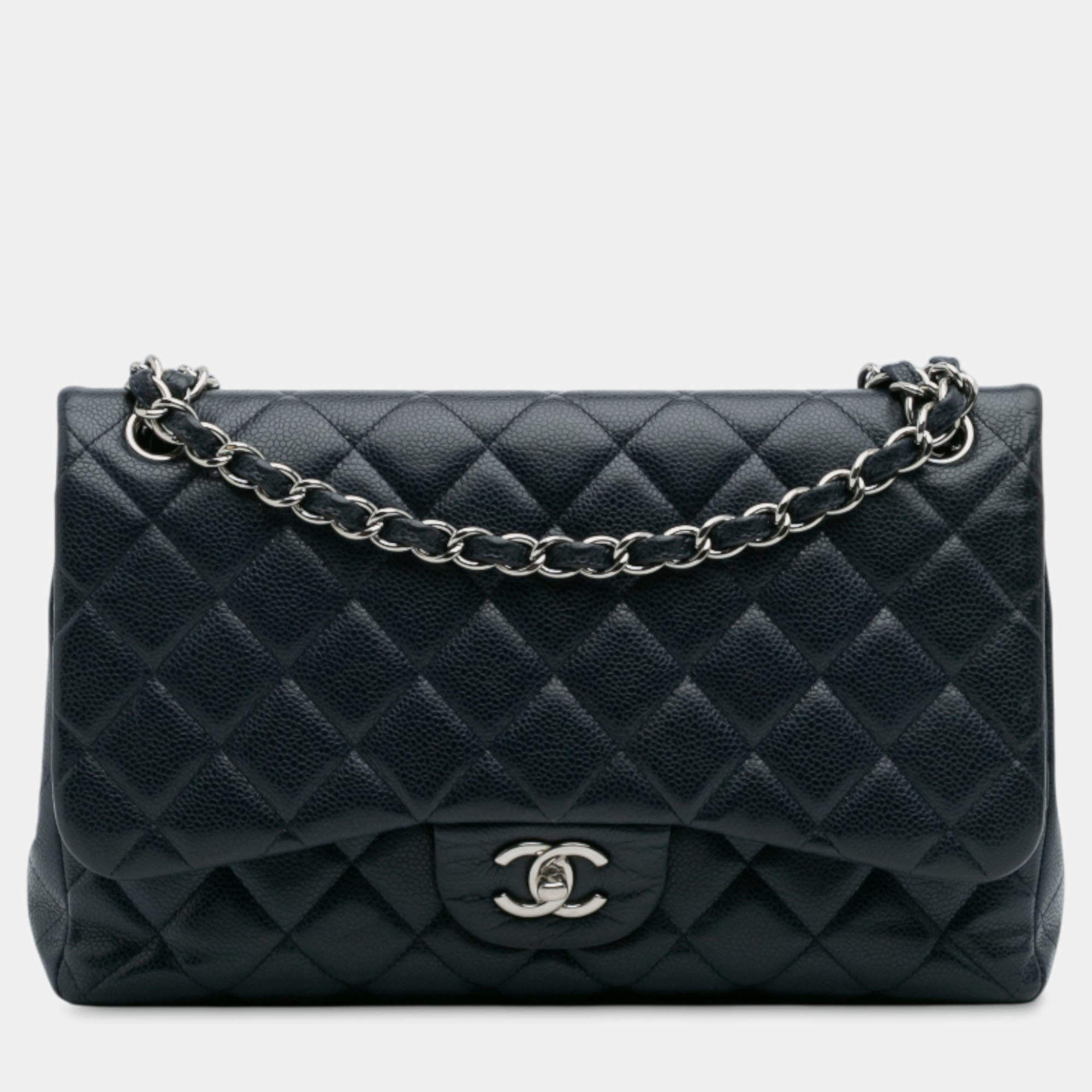 Pre Owned Chanel Navy Blue Jumbo Classic Caviar Double Flap