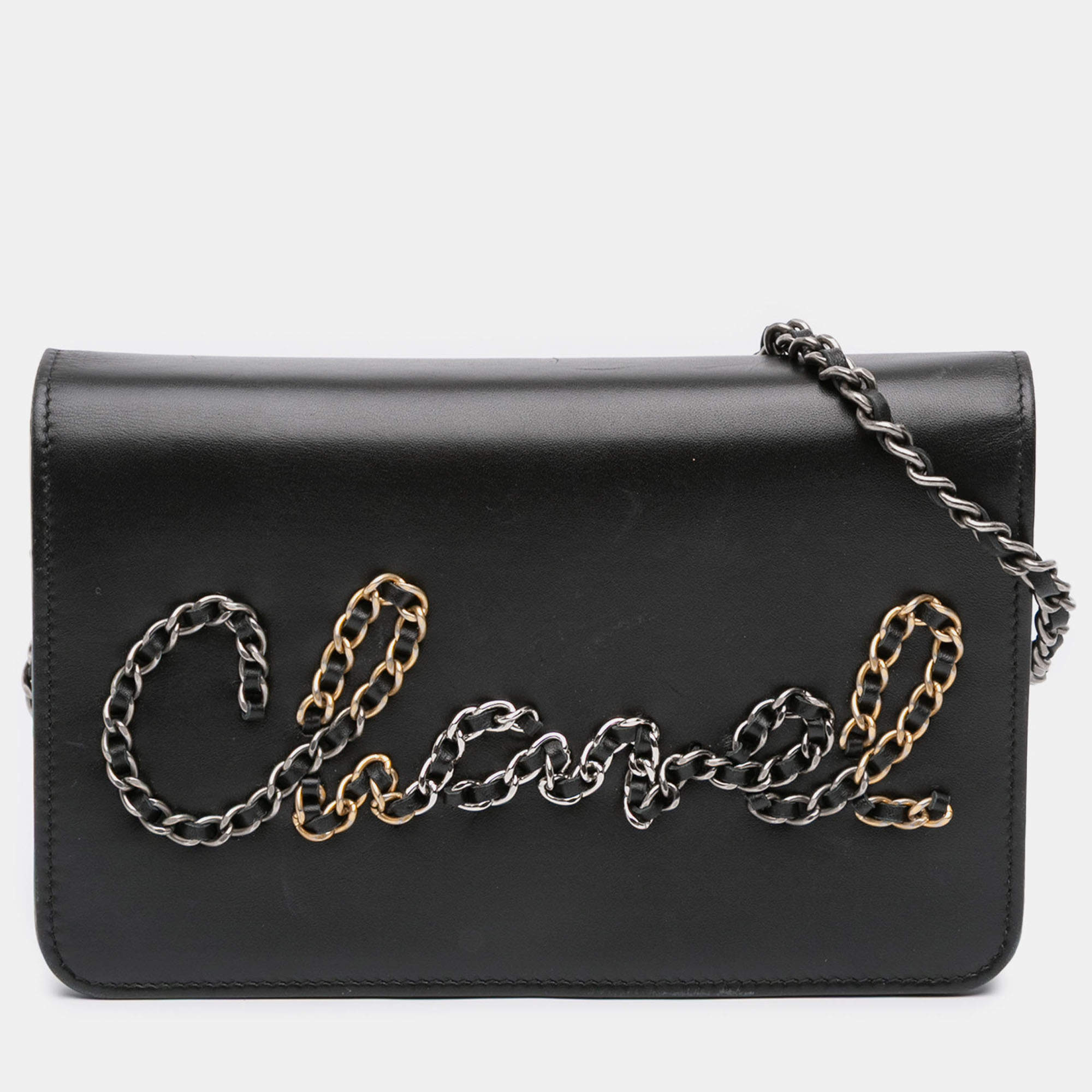 Pre Owned Chanel Black Calfskin Chain 20s Signe Wallet on Chain