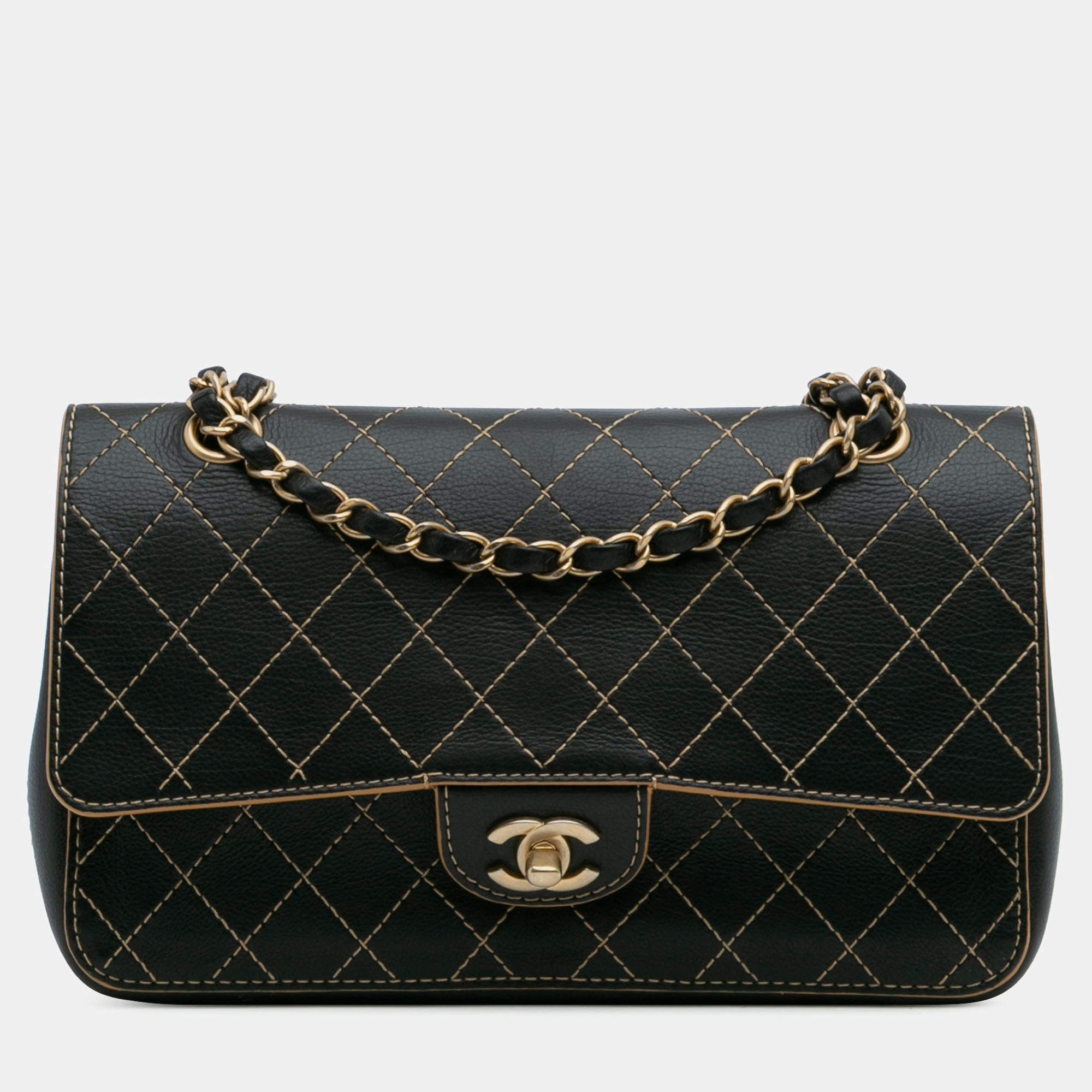 Pre Owned Chanel Black Medium Classic Calfskin Wild Stitch Double Flap