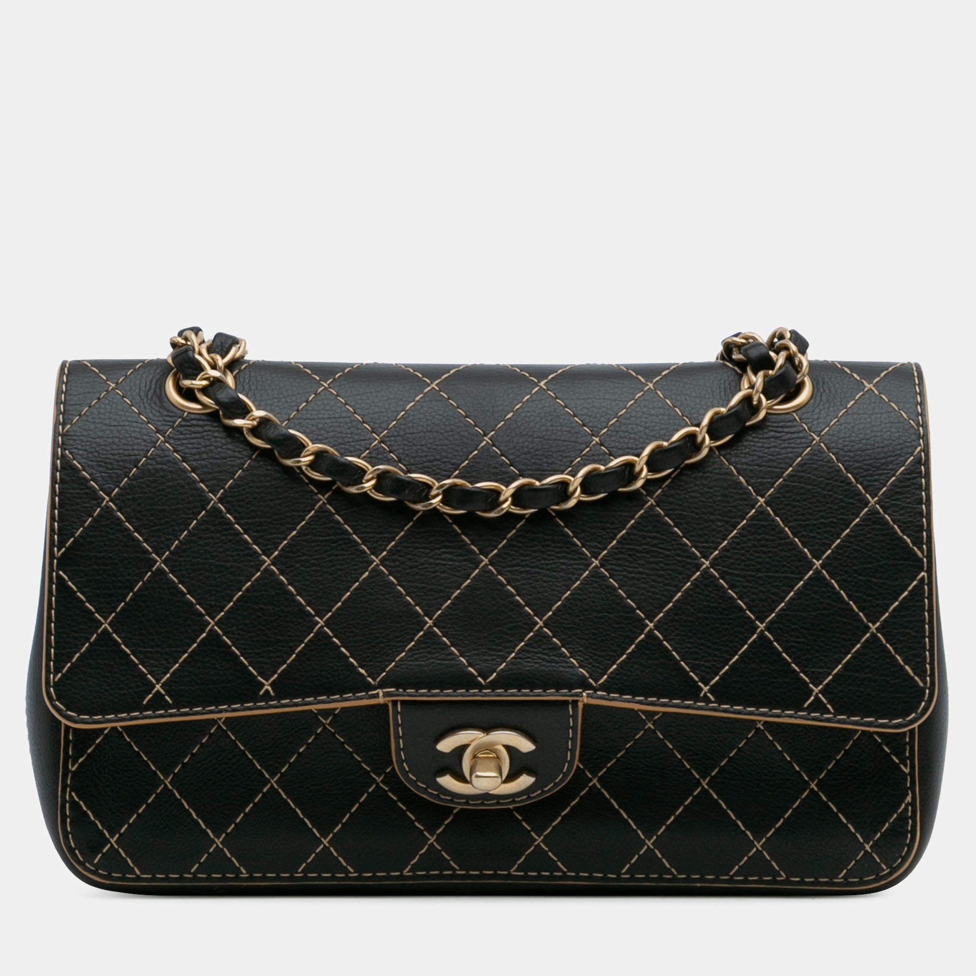 Pre Owned Chanel Black Medium Classic Calfskin Wild Stitch Double Flap