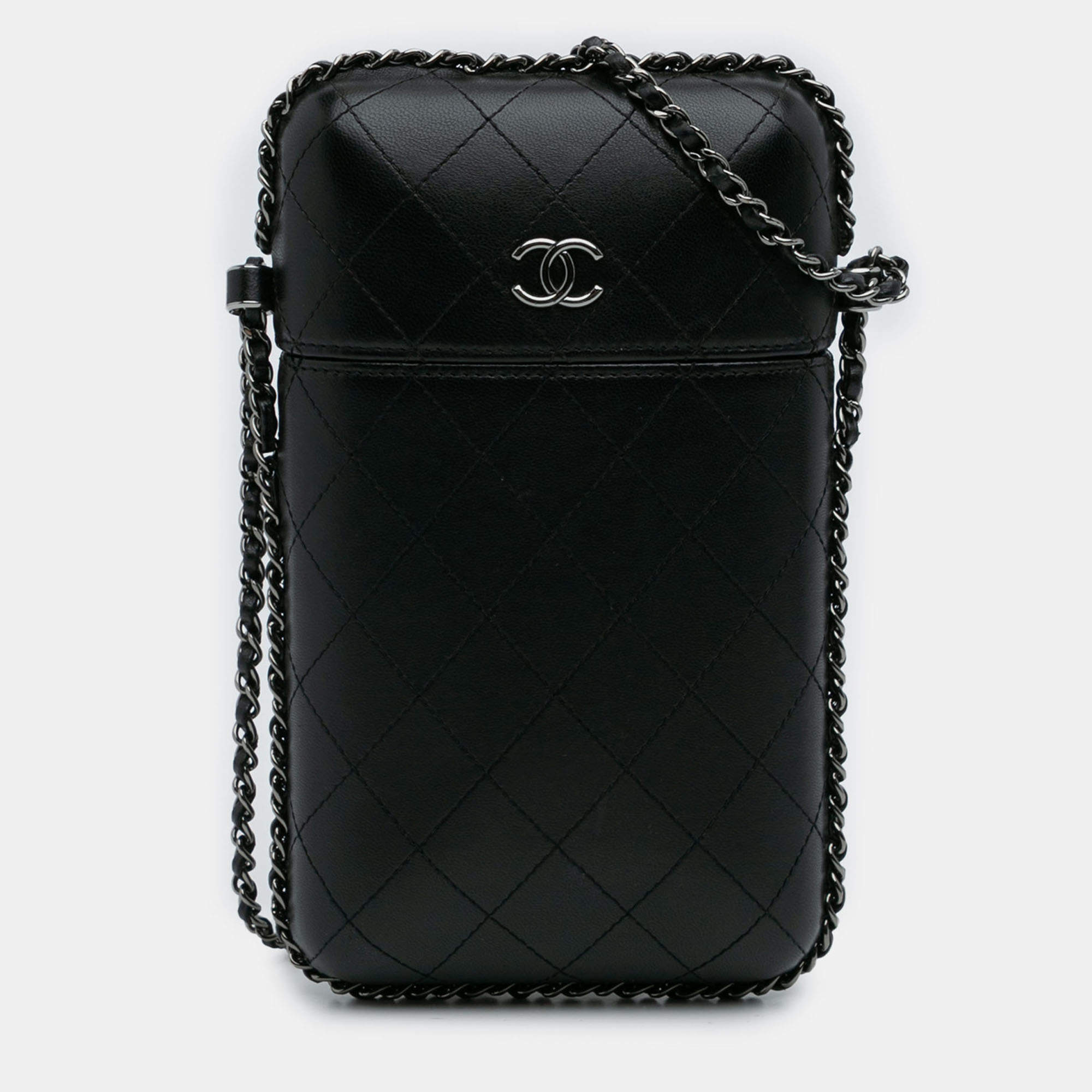 Pre Owned Chanel Black CC Quilted Lambskin Chain Around Phone Holder