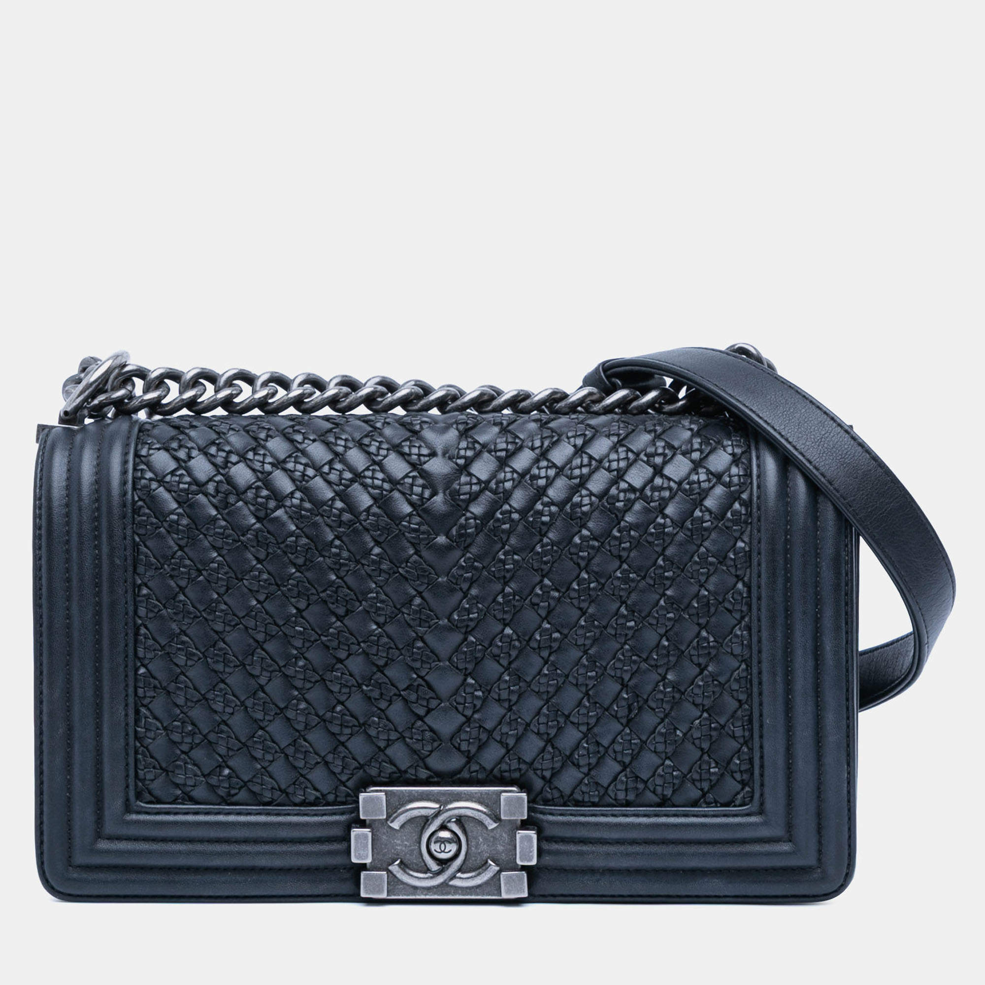 Pre Owned Chanel Blue Old Medium Braided Calfskin Boy Flap