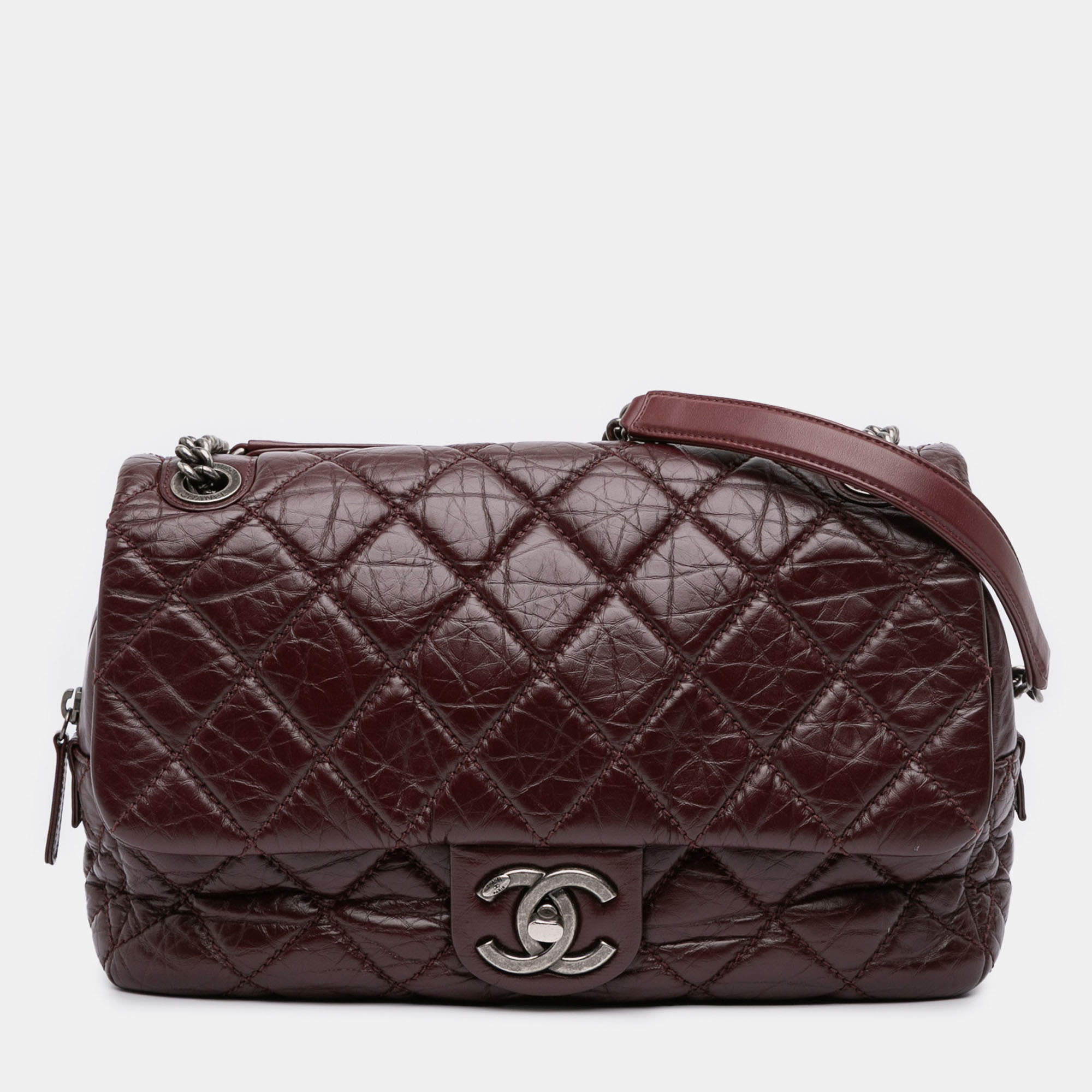 Pre Owned Chanel Burgundy Jumbo Quilted Aged Calfskin New Portobello Flap