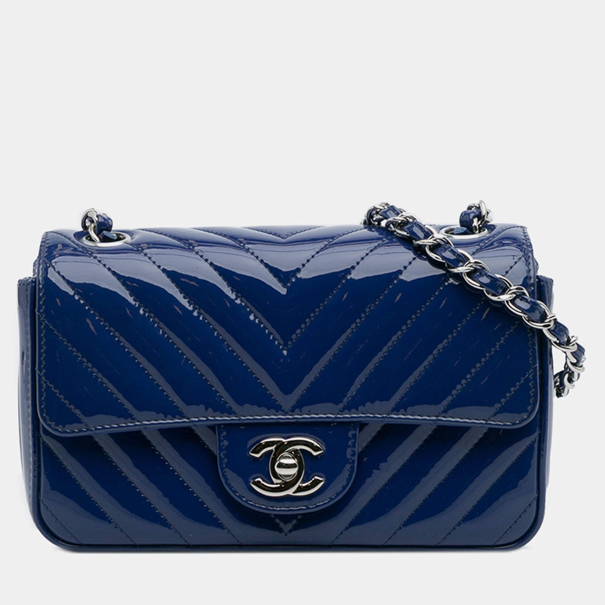 Pre Owned Chanel Blue Mini Rectangular Classic Chevron Patent Single Flap