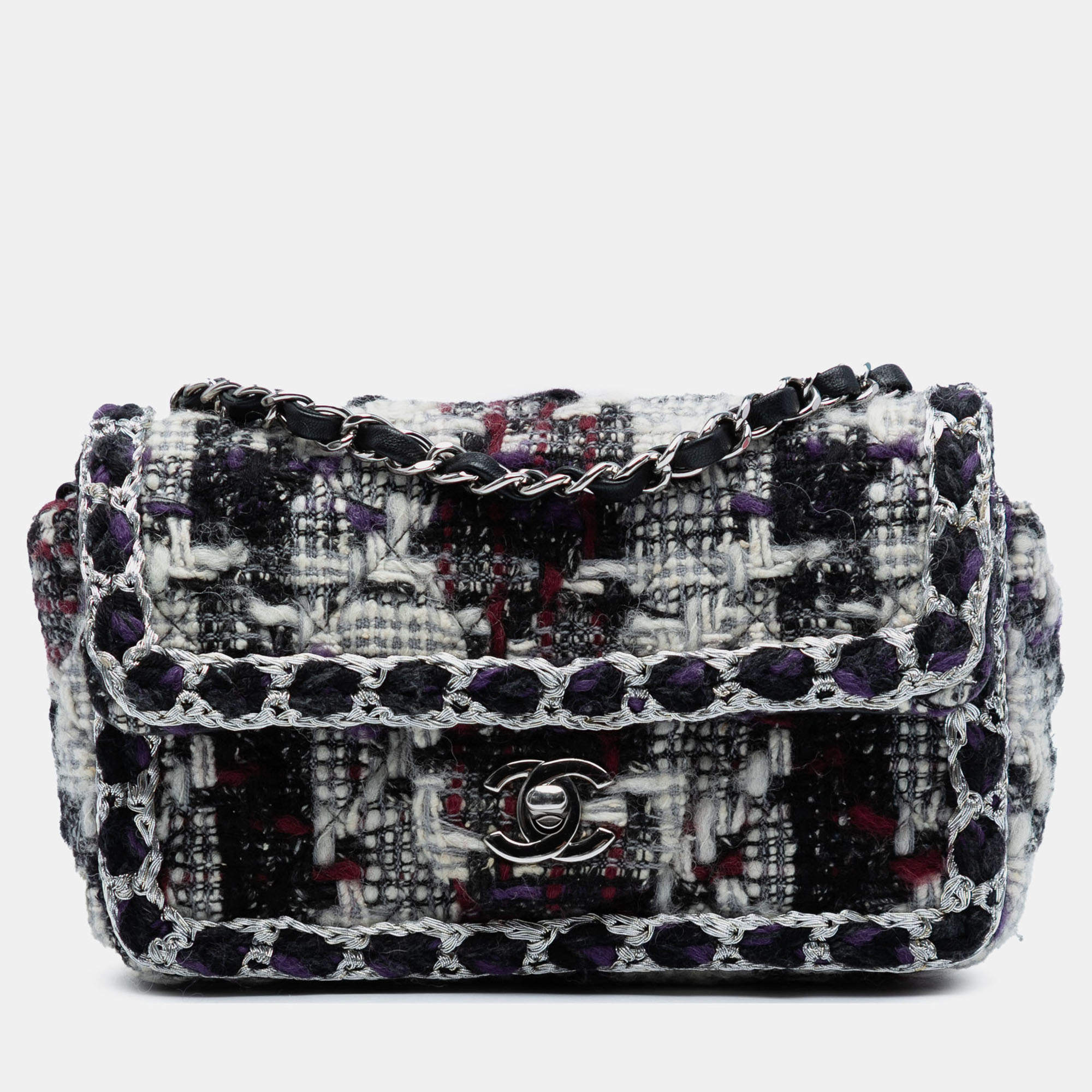 Pre Owned Chanel Black Mini Rectangular Quilted Tweed Single Flap