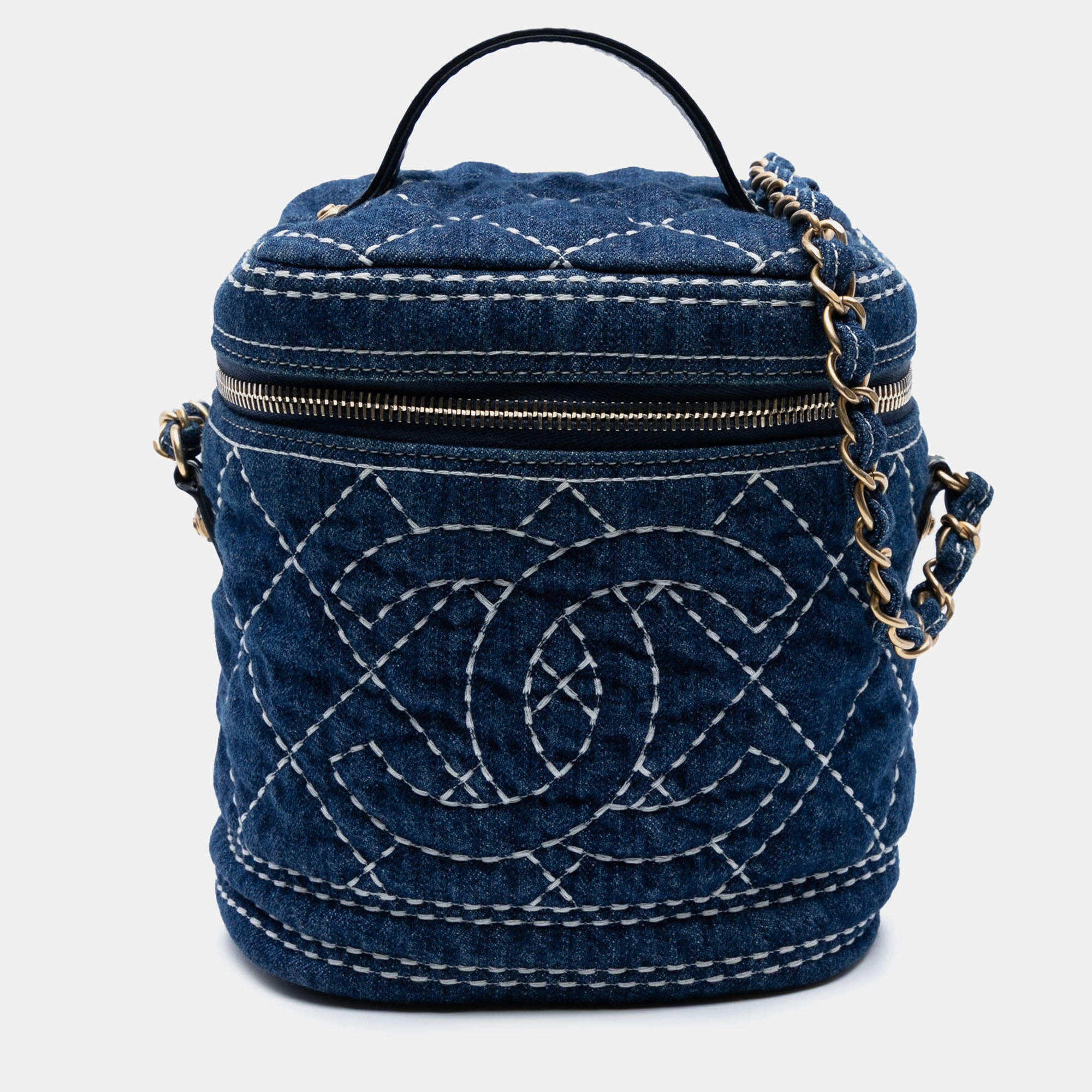 Pre Owned Chanel CC Quilted Denim Trip Vanity Case with Chain