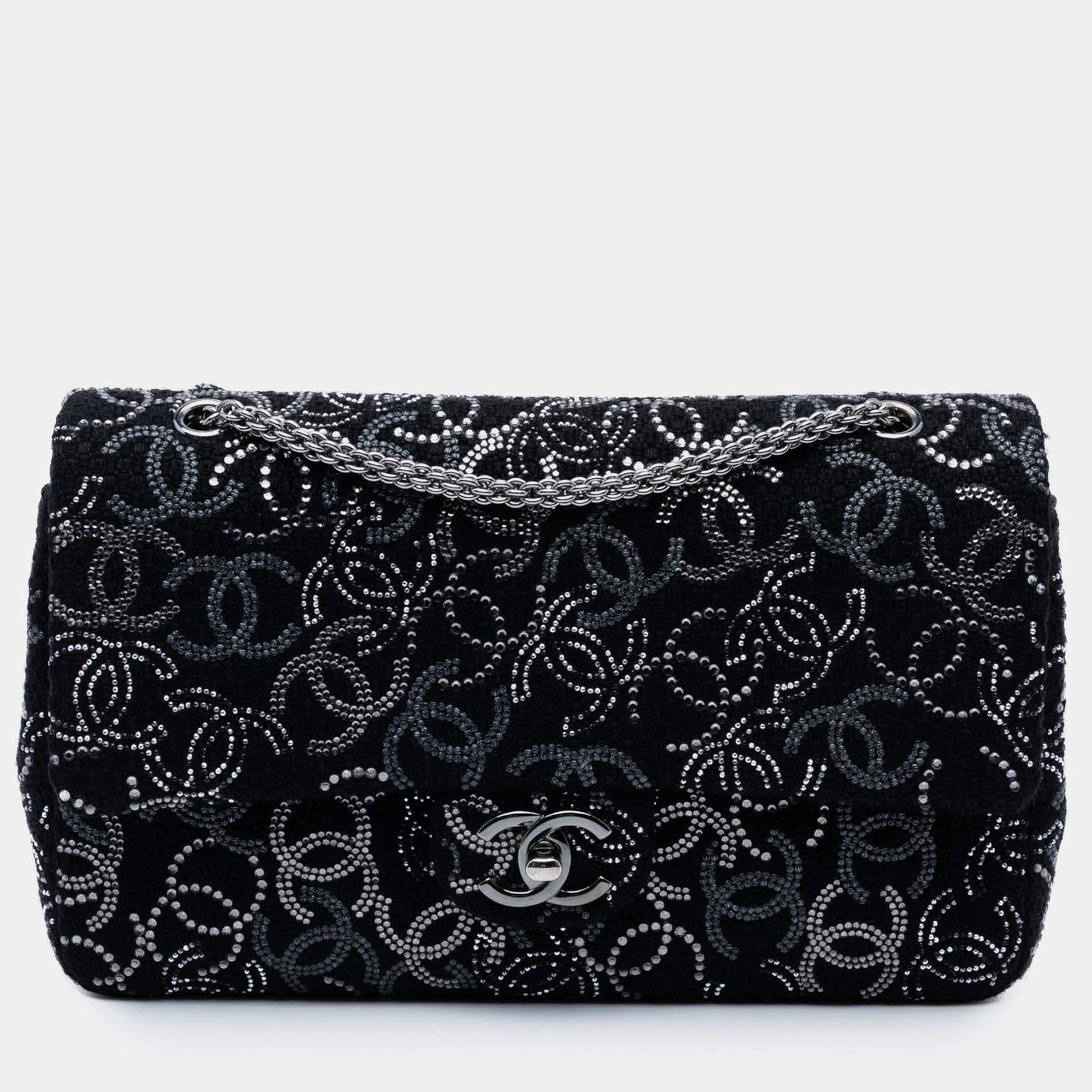 Pre Owned Chanel Black Paris-Shanghai Medium Tweed Strass Embellished Pudong Double Flap