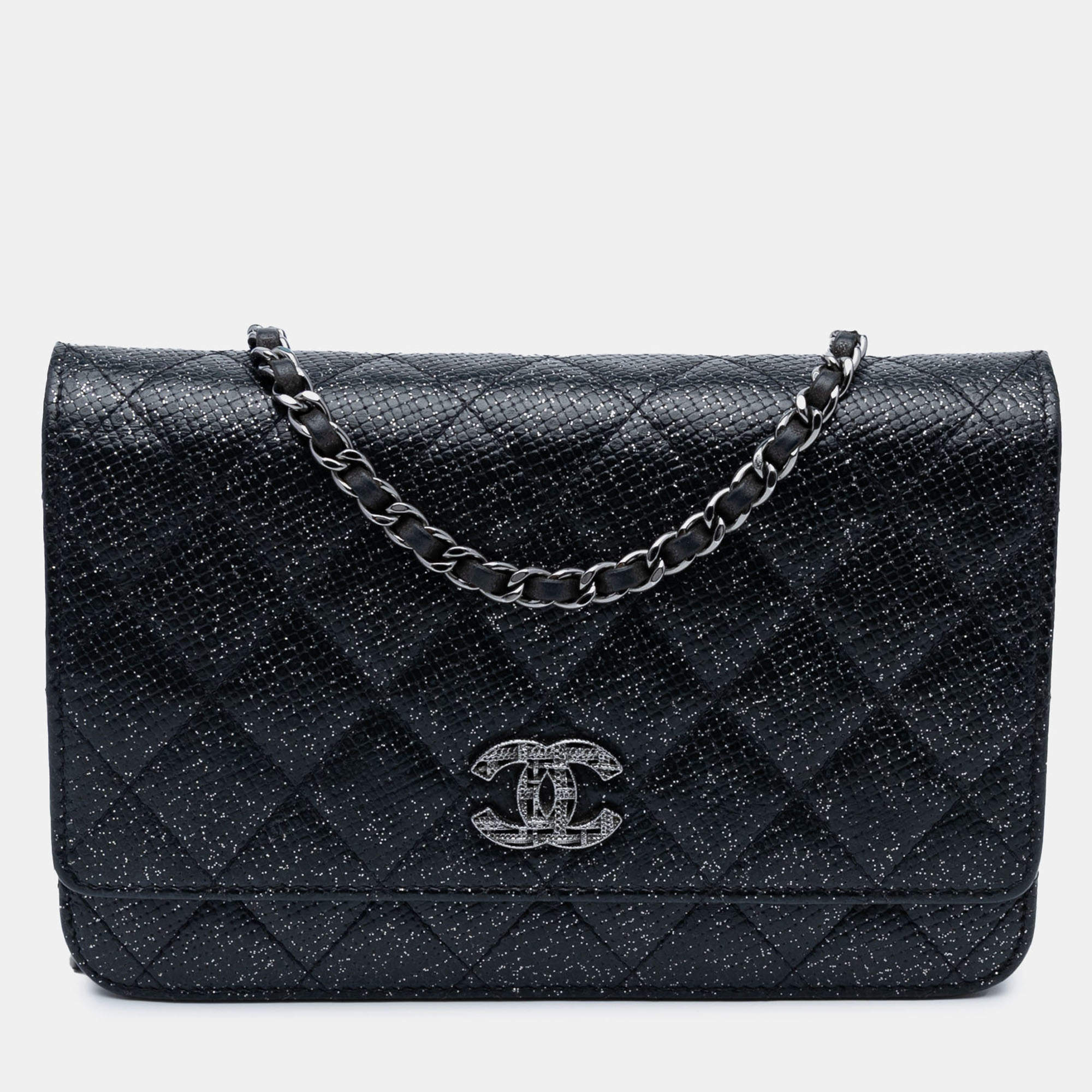 Pre Owned Chanel Black CC Quilted Glittered Calfskin Wallet On Chain