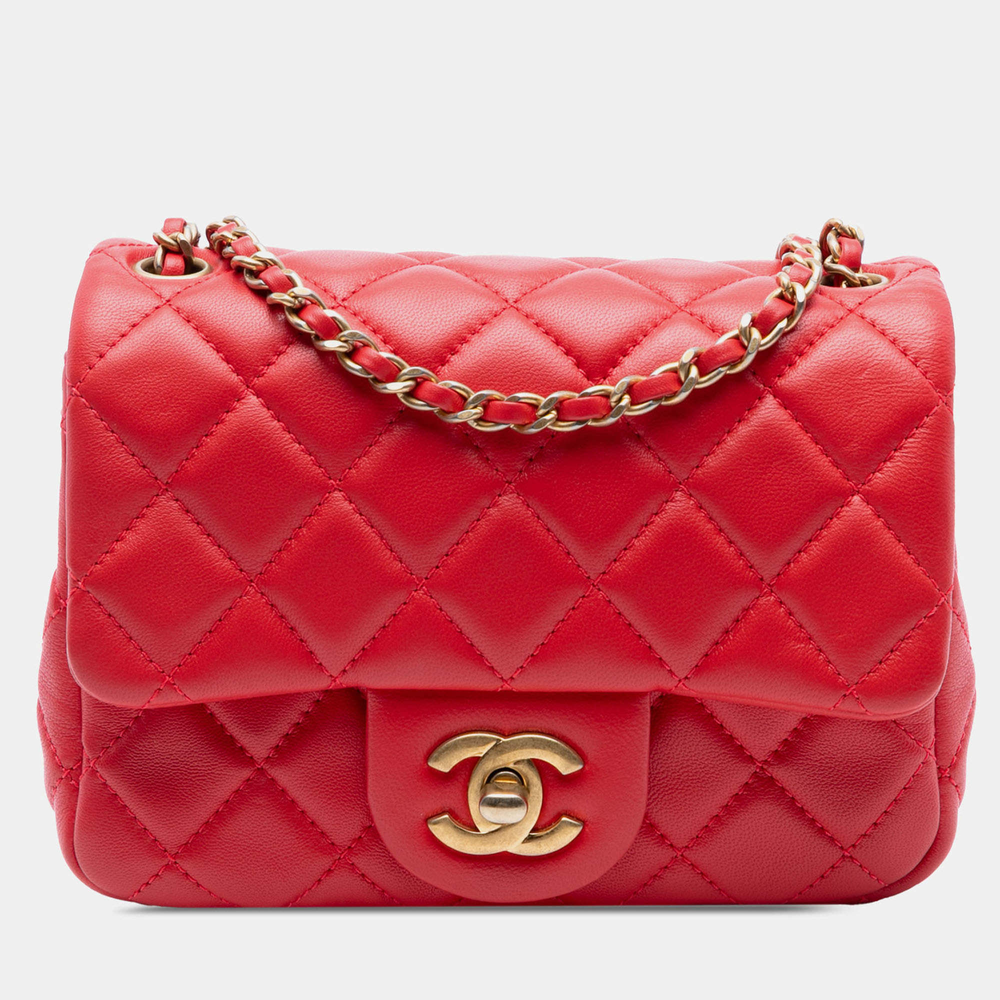 Pre Owned Chanel Red Mini Square Classic Lambskin Pearl Crush Single Flap
