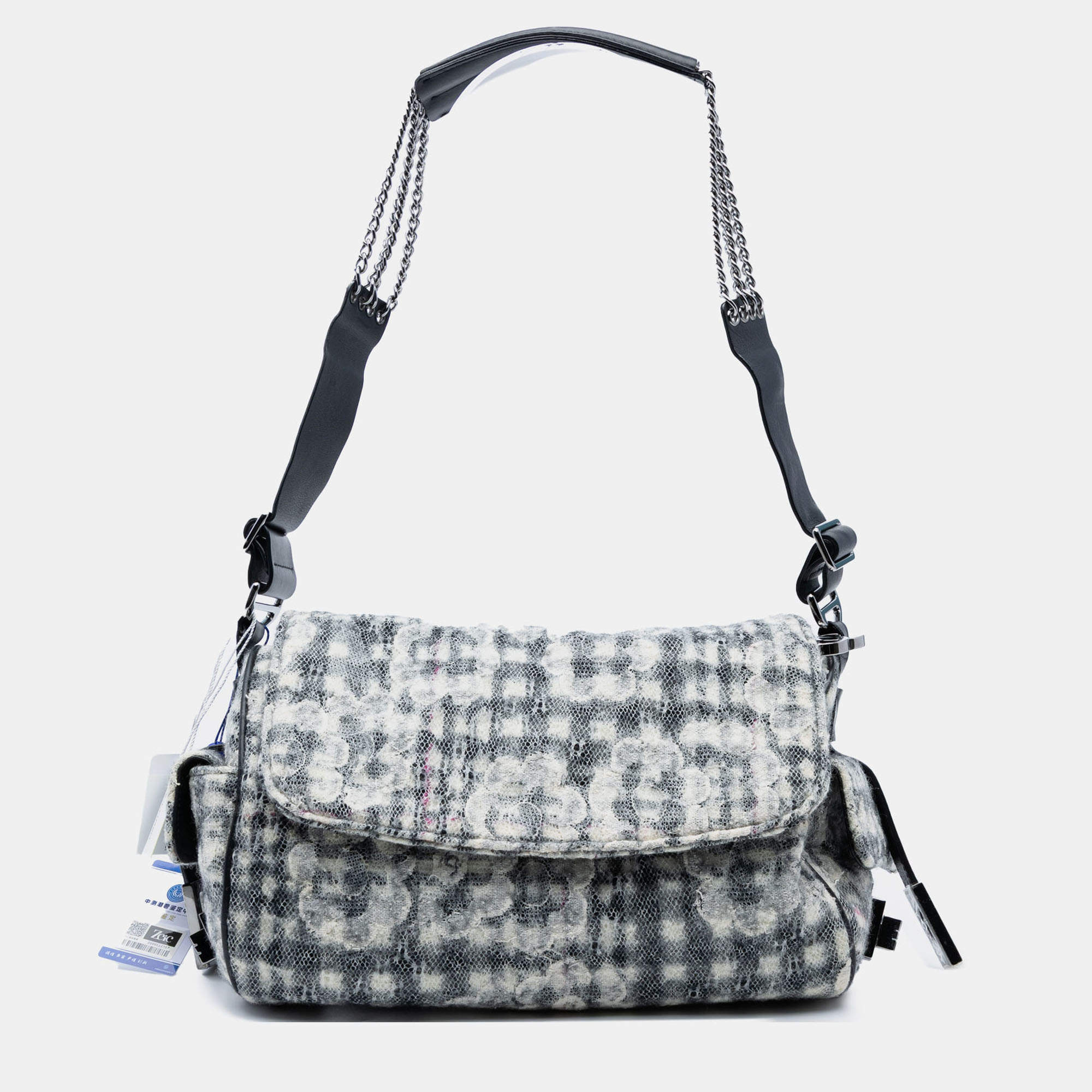 Pre Owned Chanel Black Tweed Camellia Chain Flap Shoulder Bag