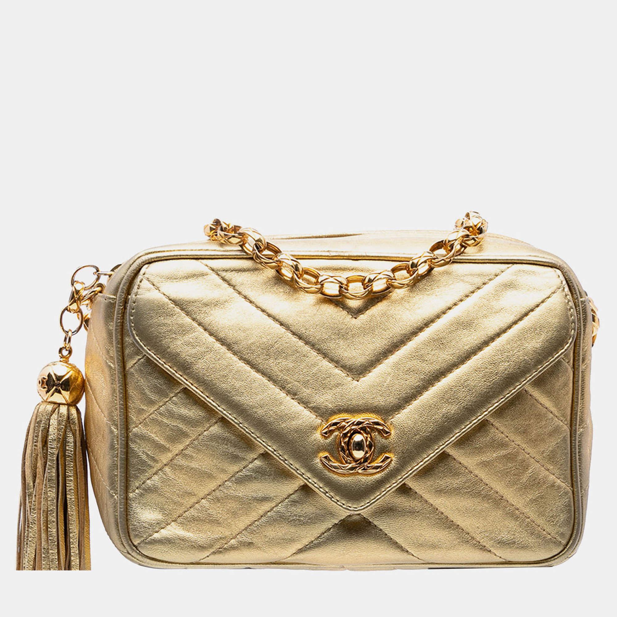 Pre Owned Chanel Gold Chevron Metallic Lambskin Tassel Chain Camera Bag